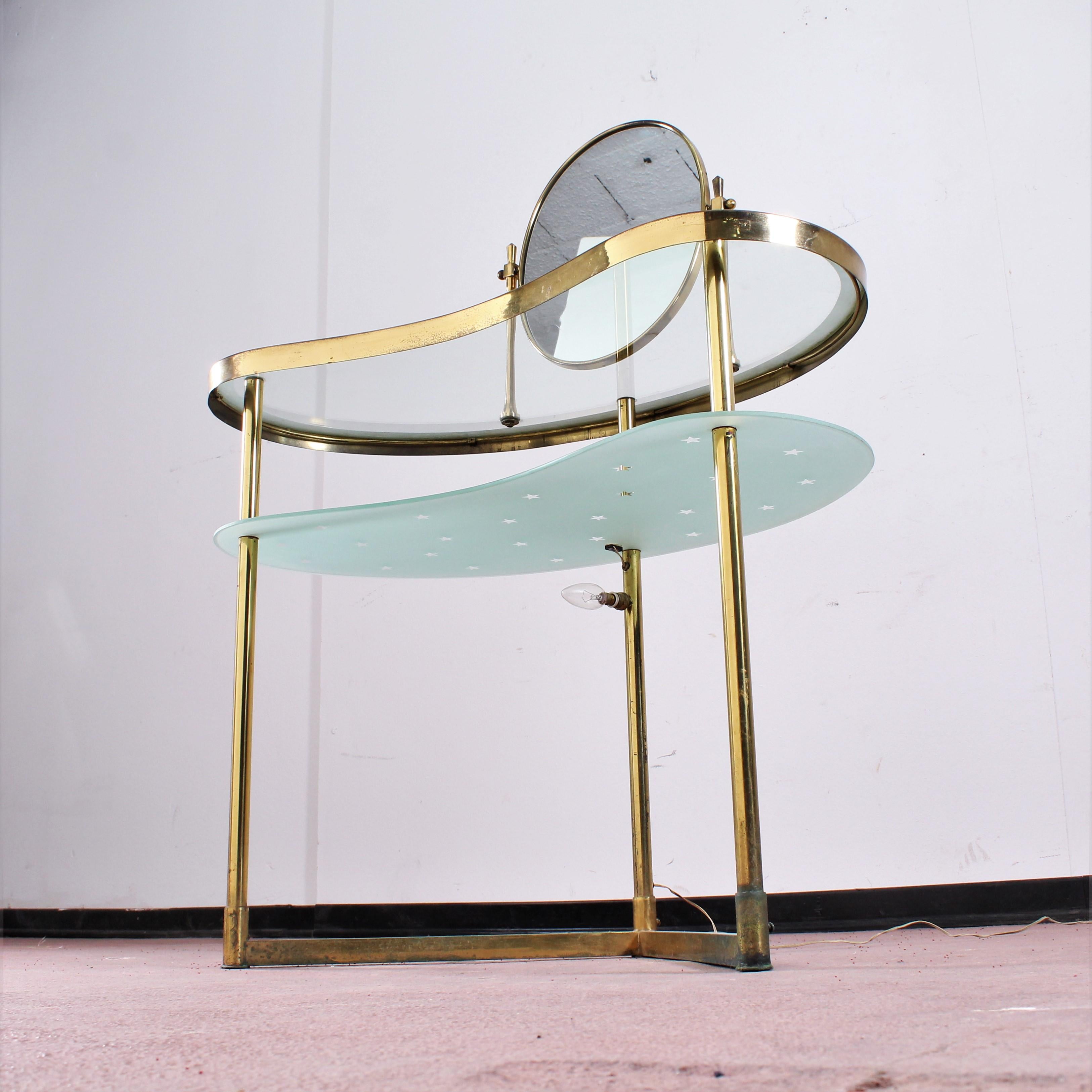 Mid-20th Century Luigi Brusotti Old Glass and Brass Vanity Console, 1940s, Italy