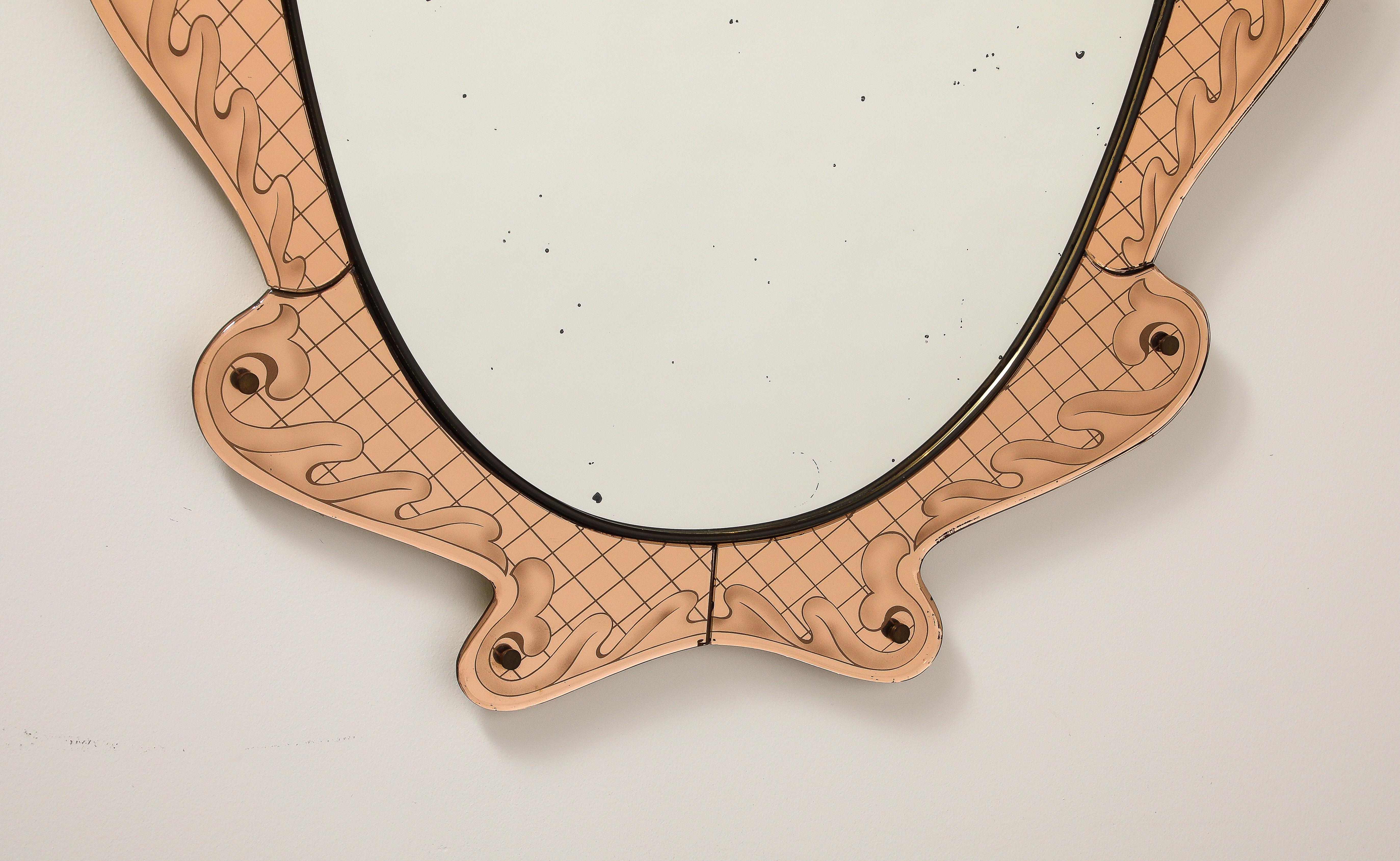 Italian Pietro Chiesa for Fontana Arte Pink Glass and Crystal Mirror, circa 1930 For Sale