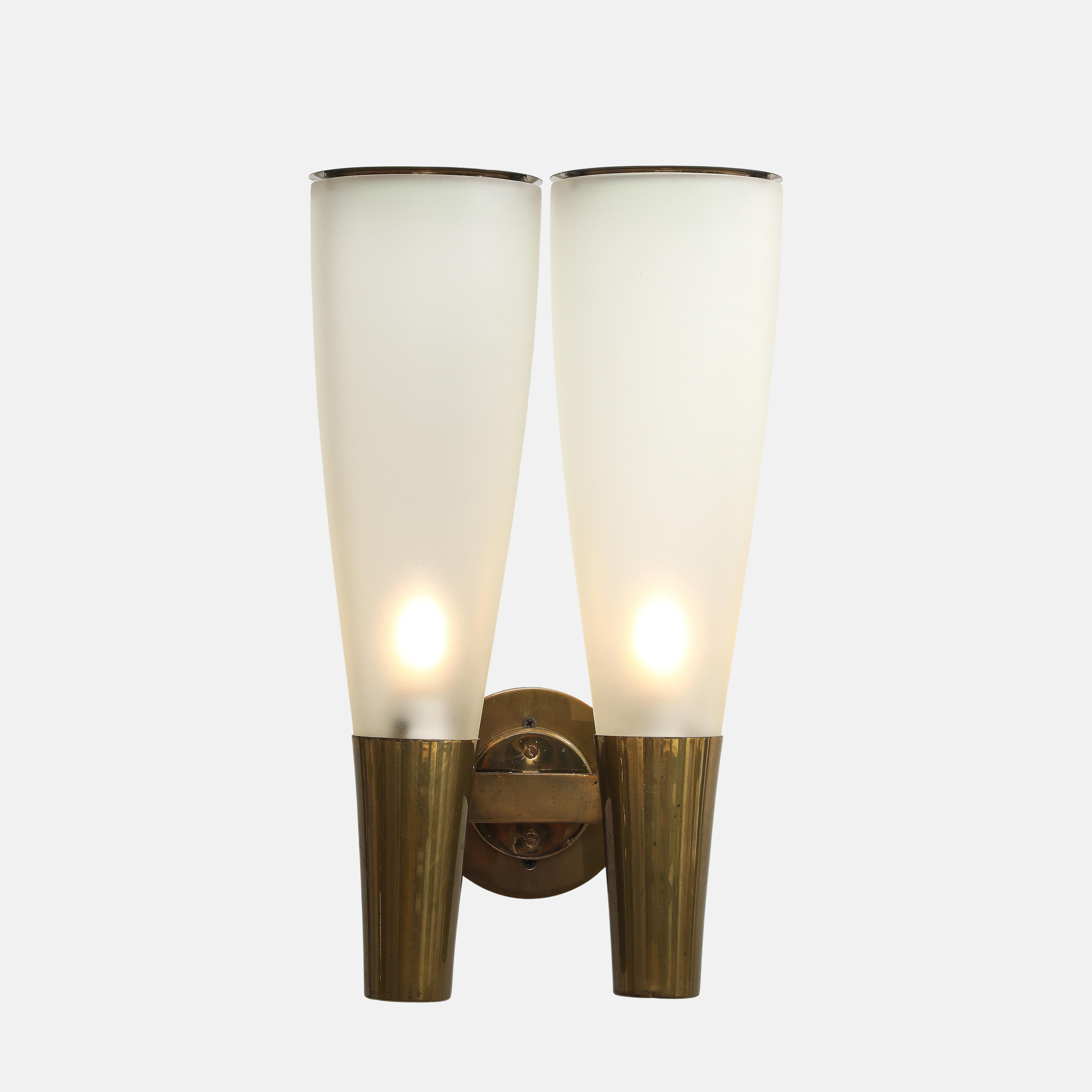 Pietro Chiesa for Fontana Arte rare and exquisite pair of large two-light sconces model 1537 consisting of conical  satin or acid-etched glass topped with brass framed round frosted glass diffusers, and mounted on lacquered brass structures on