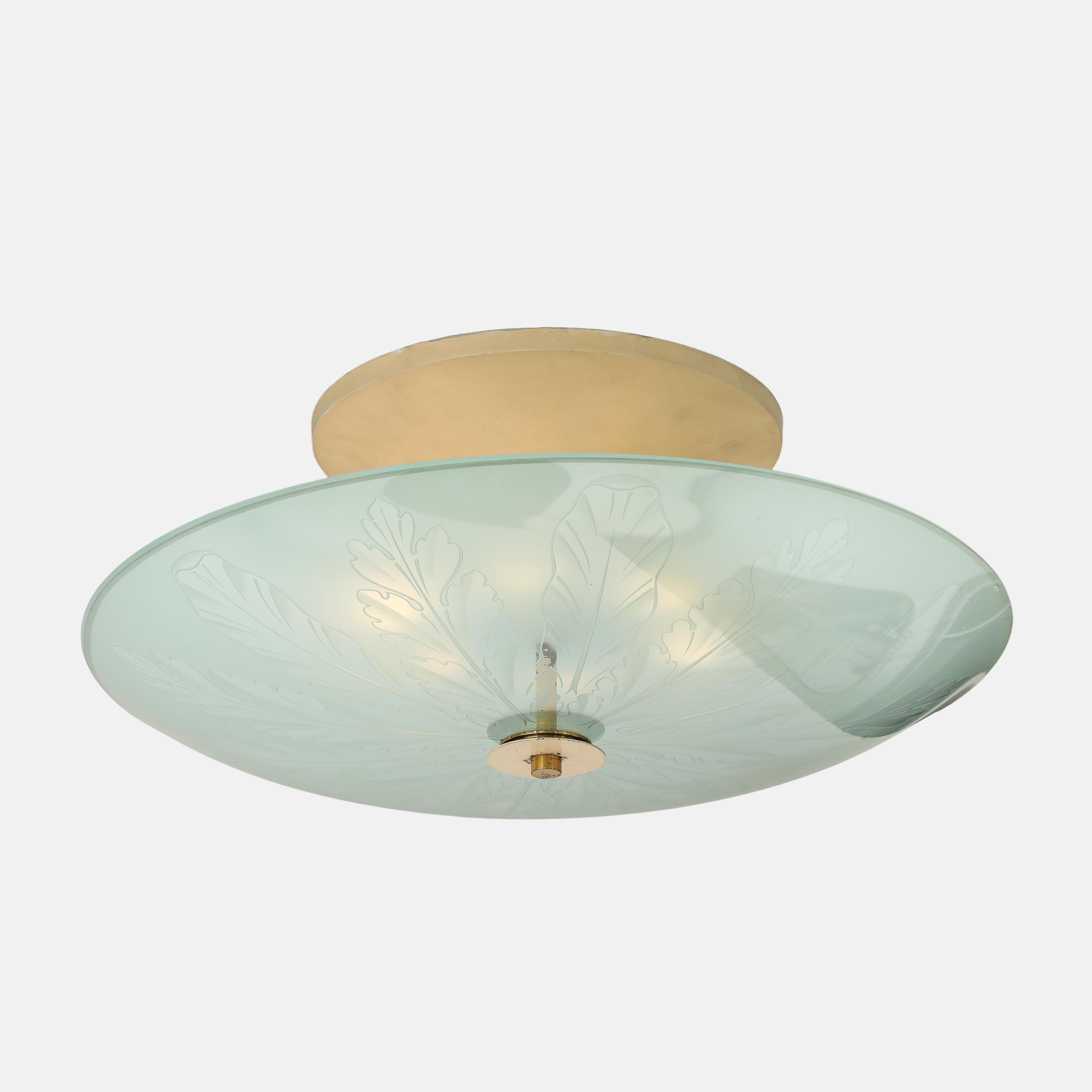 Pietro Chiesa for Fontana Arte rare and exquisite semi-flush mount ceiling light composed of large round curved polished etched glass disc and acid-etched flat round glass disc above it, suspended by lacquered aluminum structure and central brass