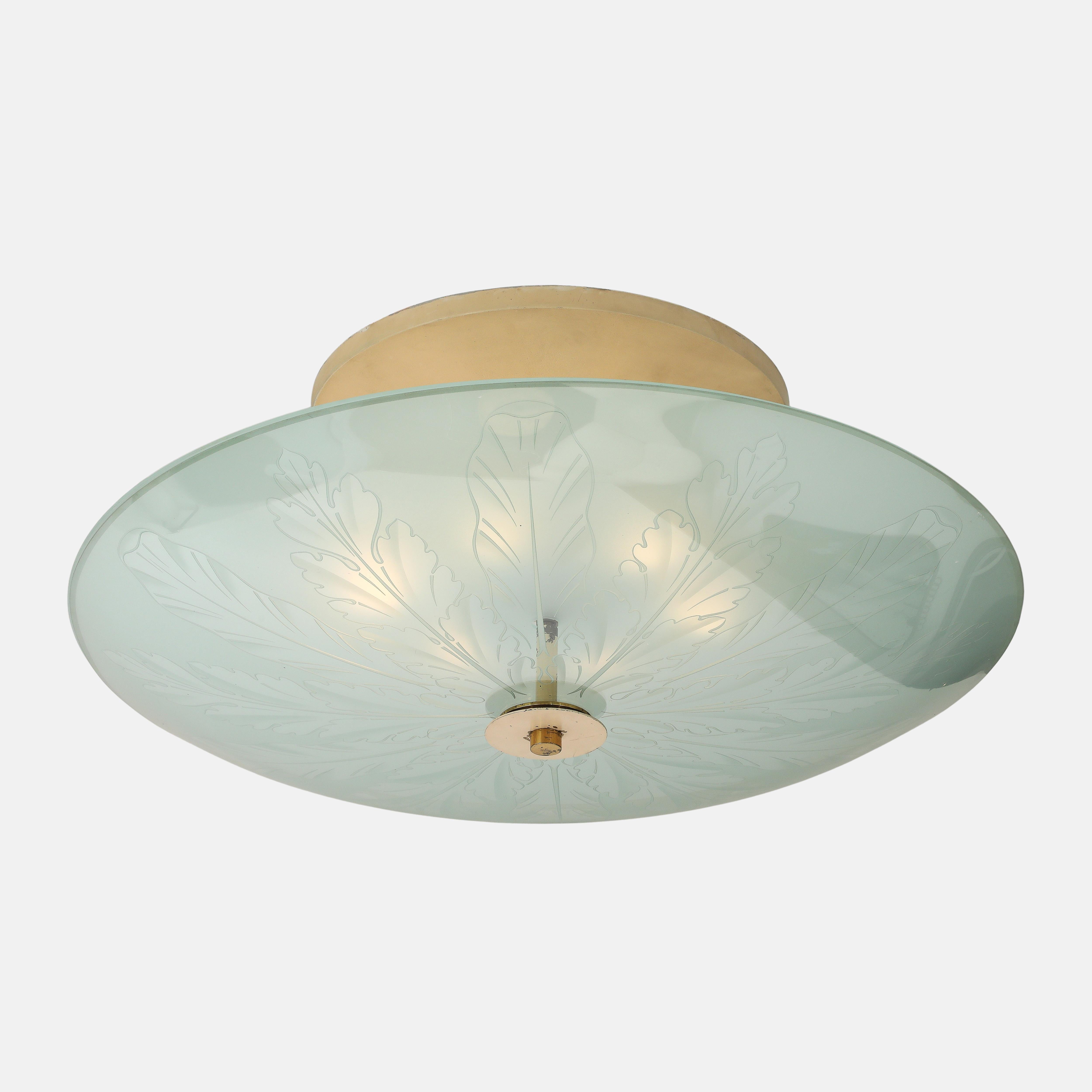 Mid-Century Modern Pietro Chiesa for Fontana Arte Semi-Flush Mount Etched Glass Ceiling Light 1930s en vente