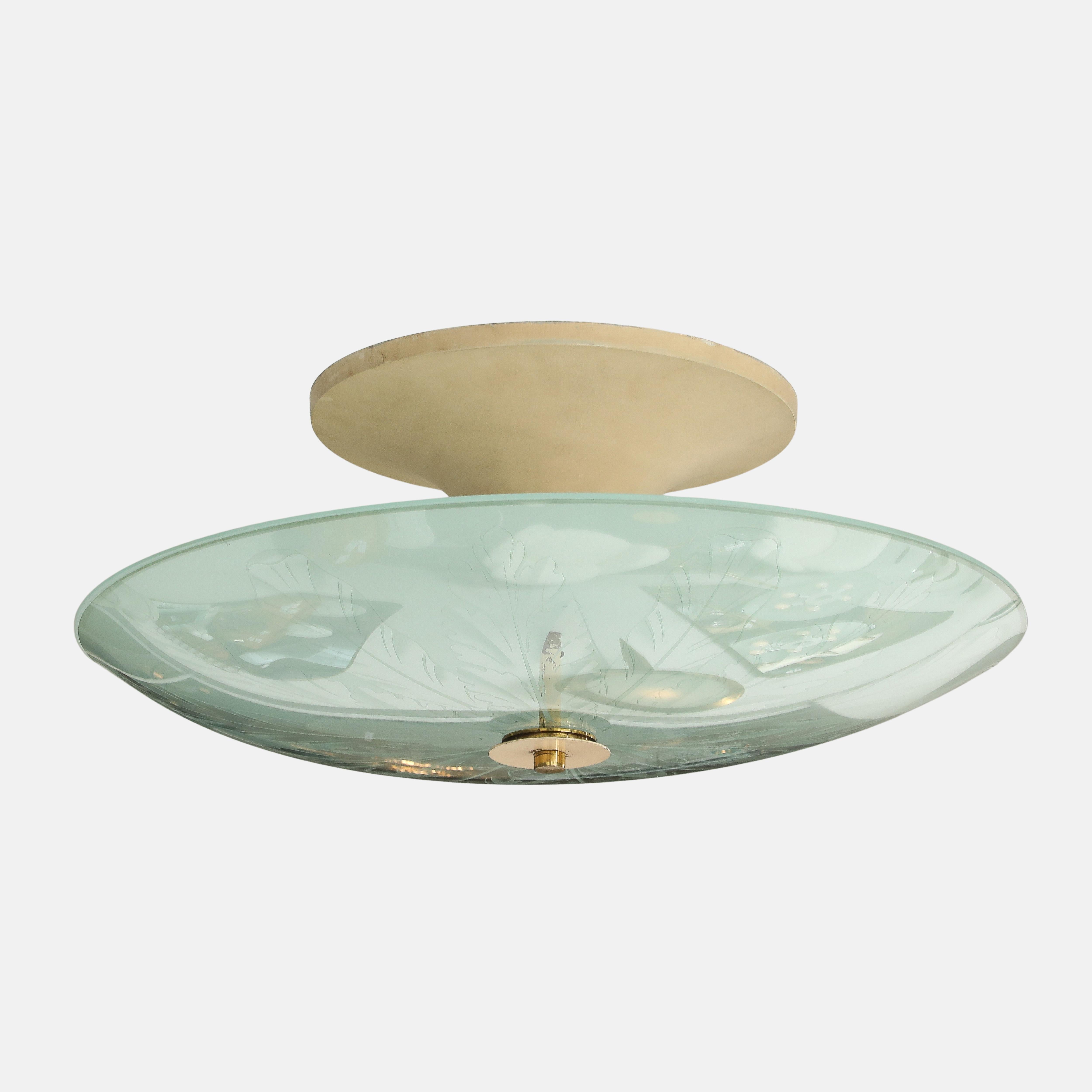 Pietro Chiesa for Fontana Arte Semi-Flush Mount Etched Glass Ceiling Light 1930s Bon état - En vente à New York, NY