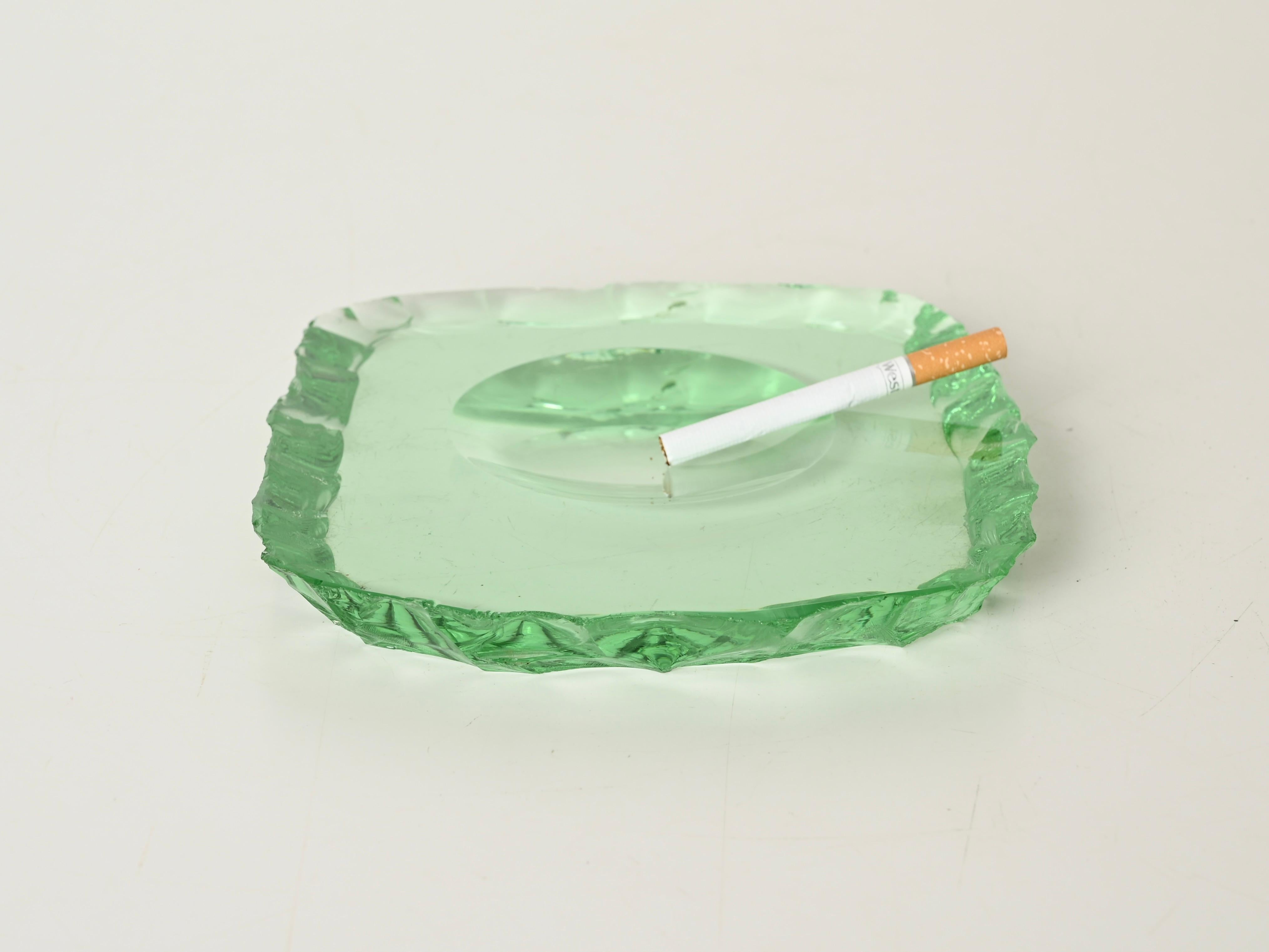 Pietro Chiesa Hammered Nile Green Crystal Ashtray or Catchall, Italy 1950s For Sale 4