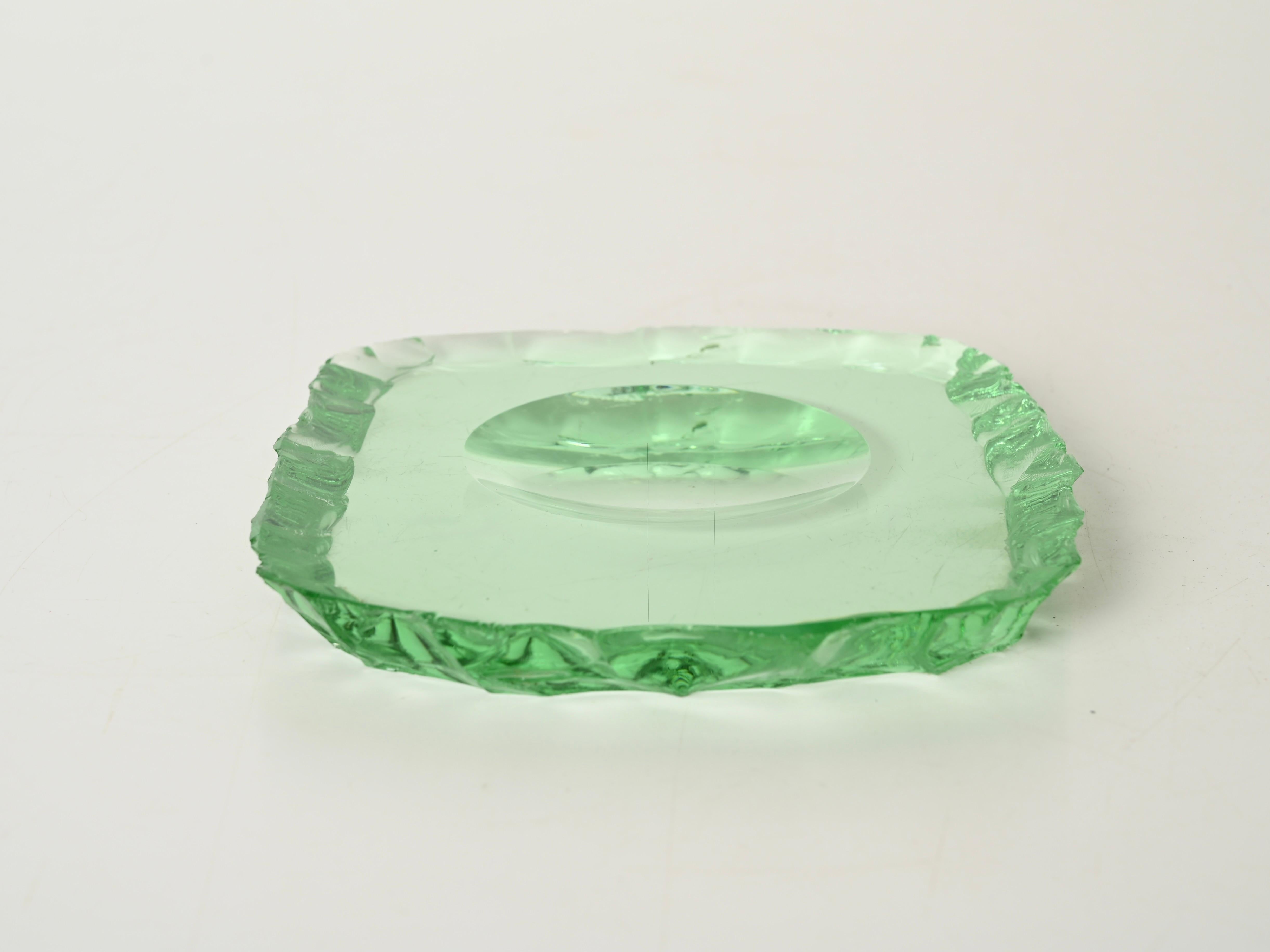 Pietro Chiesa Hammered Nile Green Crystal Ashtray or Catchall, Italy 1950s For Sale 1