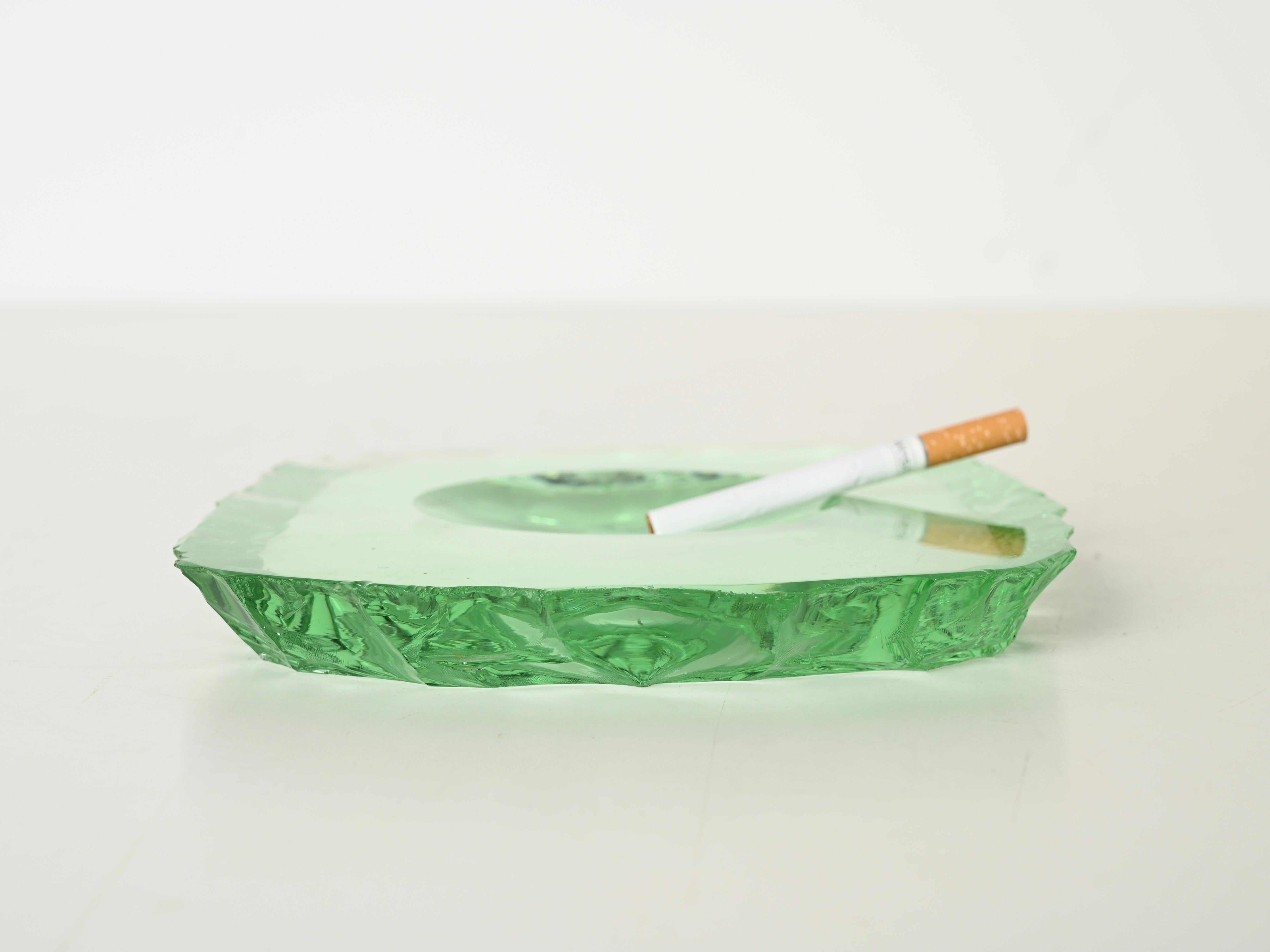 Pietro Chiesa Hammered Nile Green Crystal Ashtray or Catchall, Italy 1950s For Sale 3