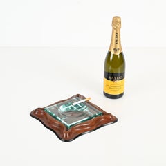 Pietro Chiesa Italian Square Curved Leather and Crystal Glass Ashtray, 1950s