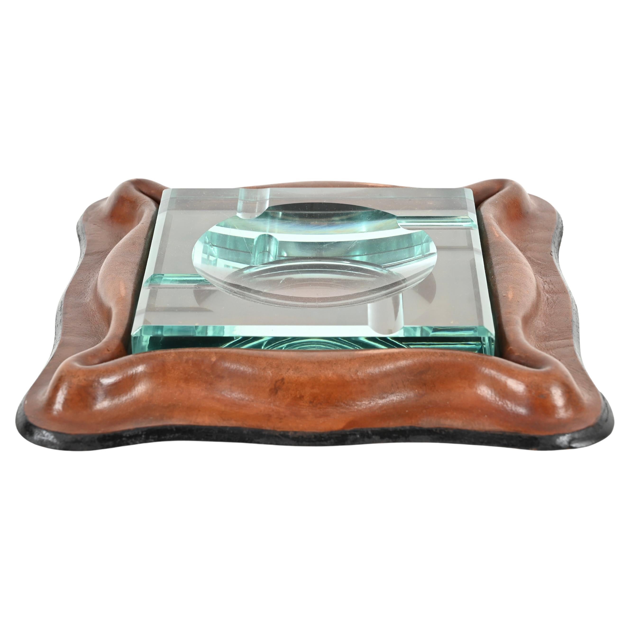 Pietro Chiesa Italian Square Curved Leather and Crystal Glass Ashtray, 1950s