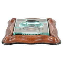 Pietro Chiesa Italian Square Curved Leather and Crystal Glass Ashtray, 1950s