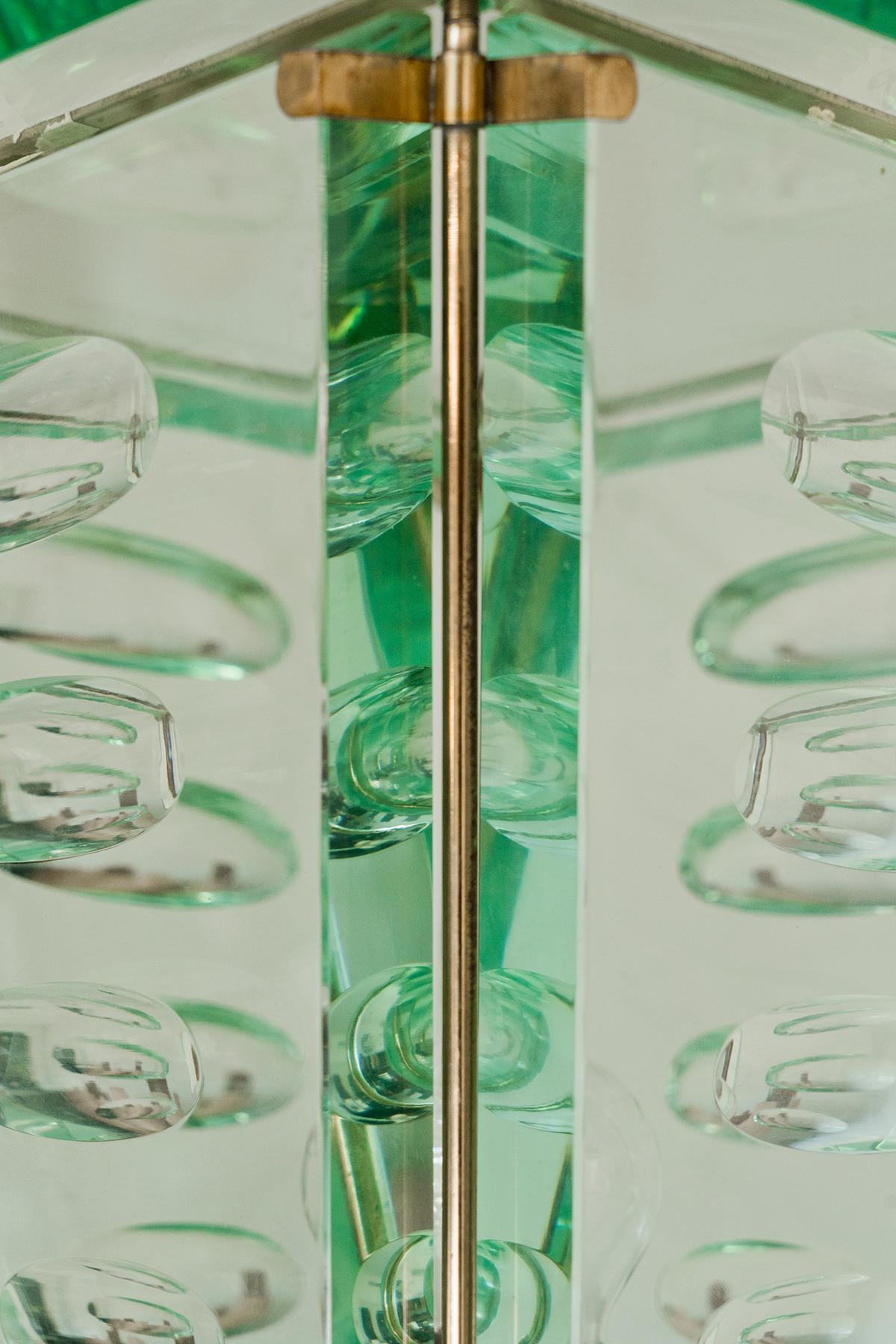 Brass Modern Nile Green Glass Lantern Floor Lamp Attributed by Pietro Chiesa, 1940 For Sale