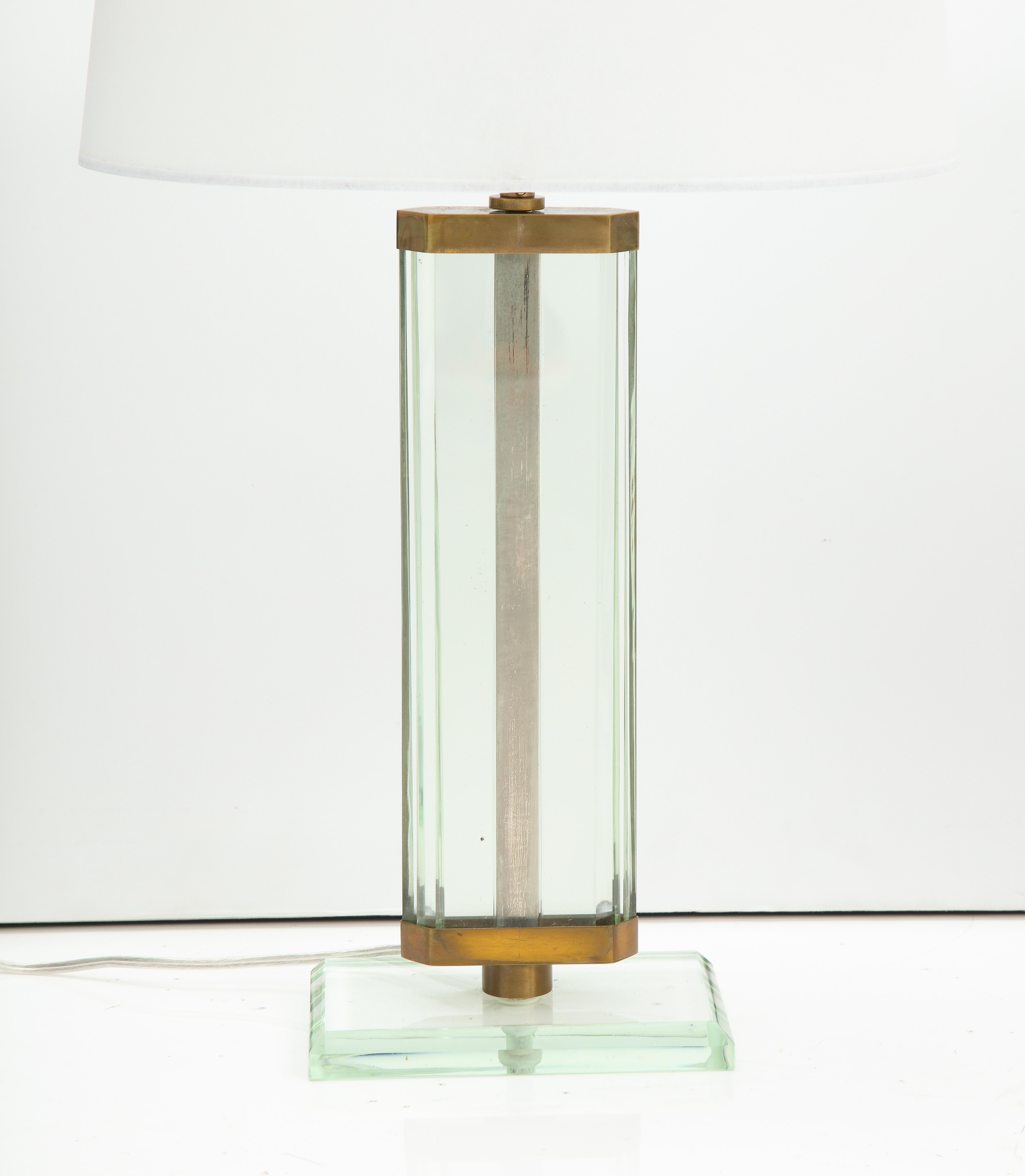 Mid-Century Modern Pietro Chiesa Pair of Fontana Arte Glass & Brass Lamps, Italy, 1940's For Sale