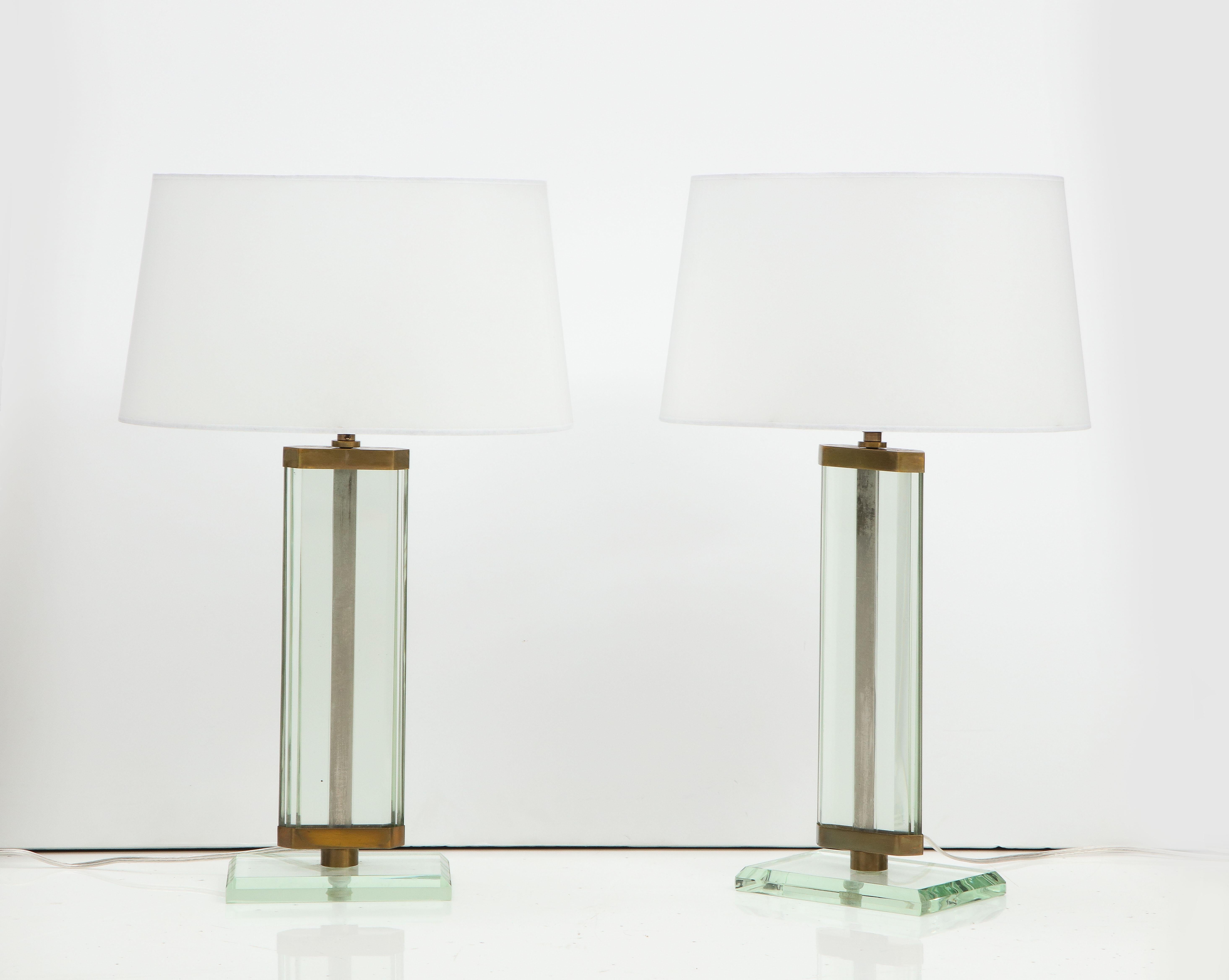 Italian Pietro Chiesa Pair of Fontana Arte Glass & Brass Lamps, Italy, 1940's For Sale