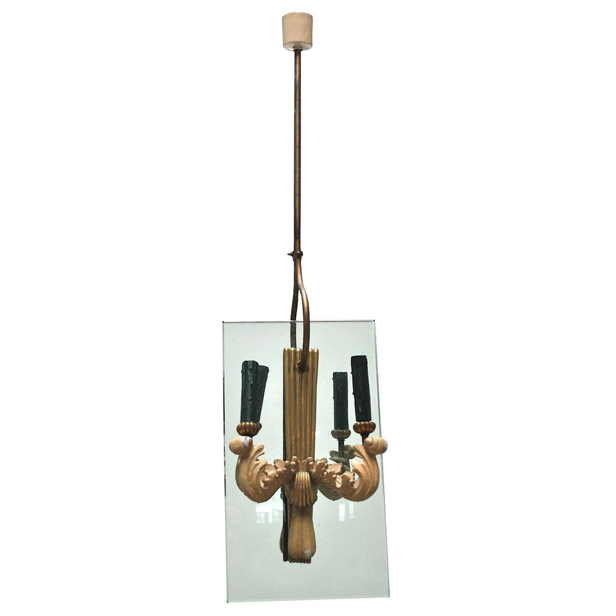 Pietro Chiesa Style Midcentury Chandelier in Brass and Crystal, 1940s For Sale