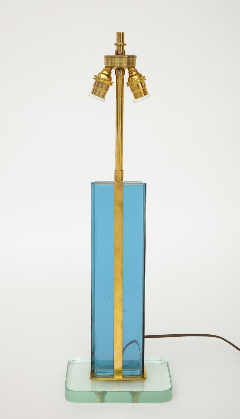 Polished Pietro Chiesa Rare Blue and Clear Glass and Brass Table Lamp