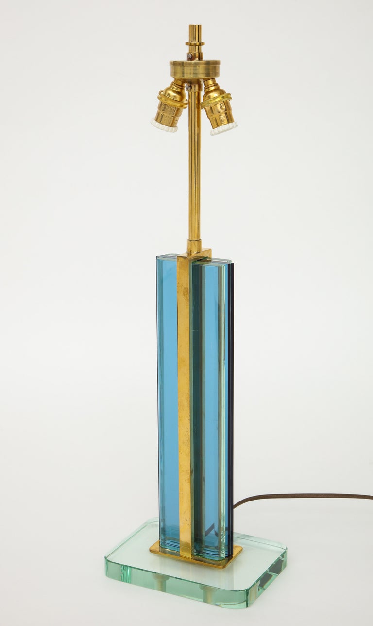 Pietro Chiesa Rare Blue and Clear Glass and Brass Table Lamp In Good Condition For Sale In New York, NY