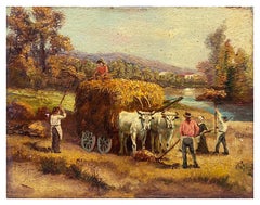 COUNTRY SCENE -École italienne Paysage rural - Peinture à l'huile sur toile italienne