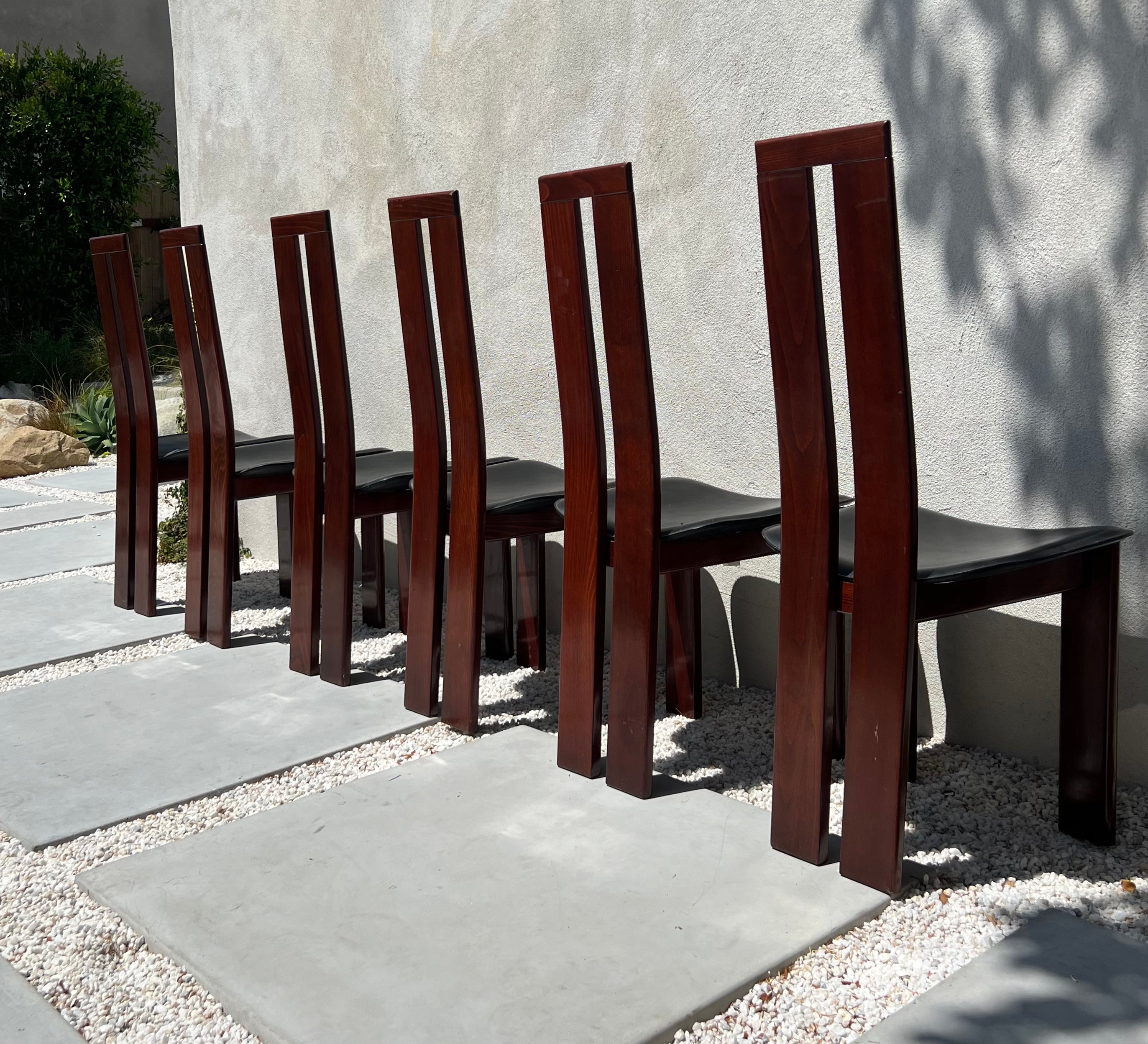 Pietro Costantini postmodern Cherry Wood and Leather Dining Chairs, circa 1977