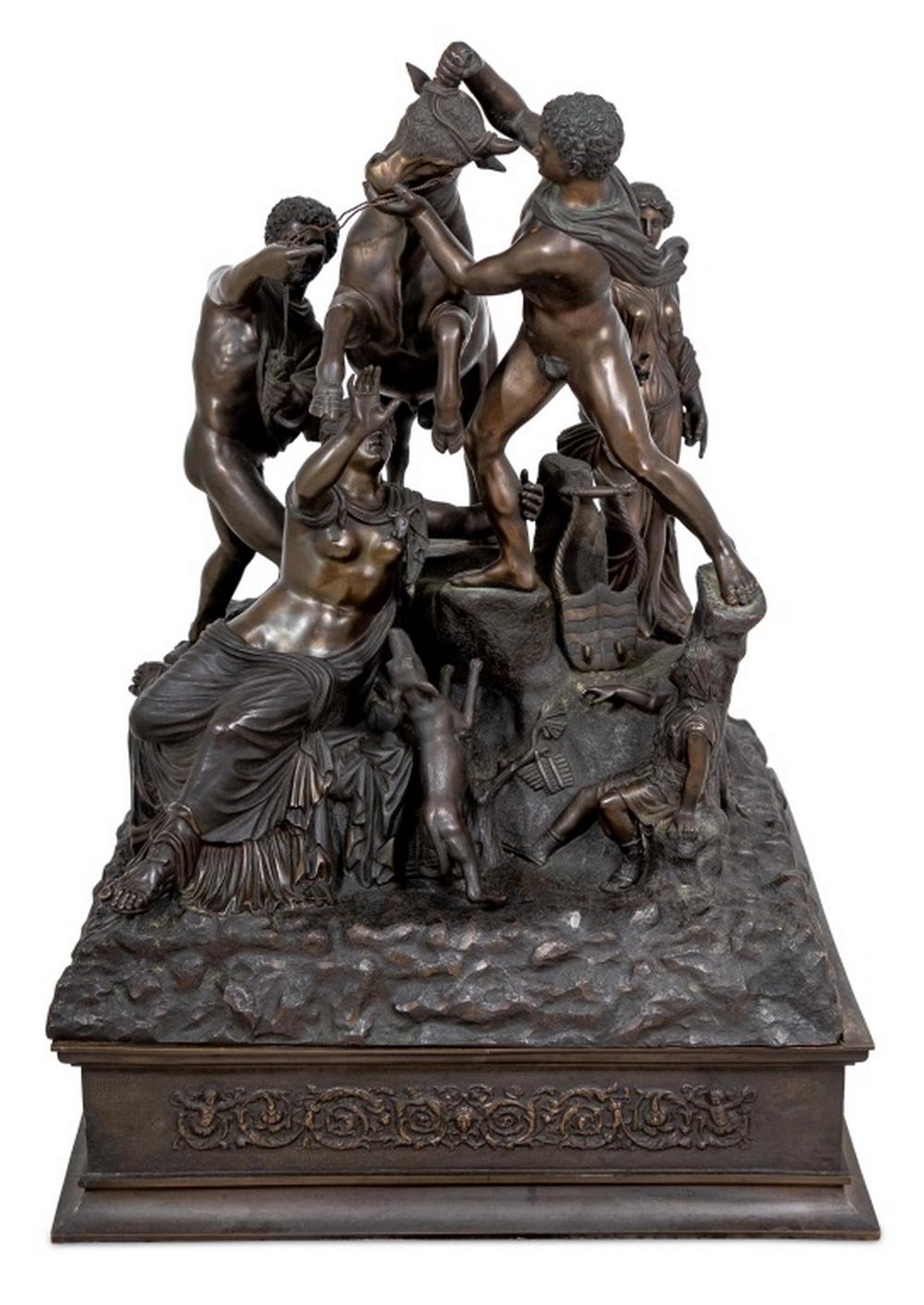 D'après Pietro da Barga (Italien, Rome, actif vers 1574-1588) Sculpture en bronze patiné "Taureau de Farnèse", fin du XIXe siècle, représentant Antiope dirigeant ses fils Amphion et Zethus attaquant Directional sous le regard d'un berger et de son
