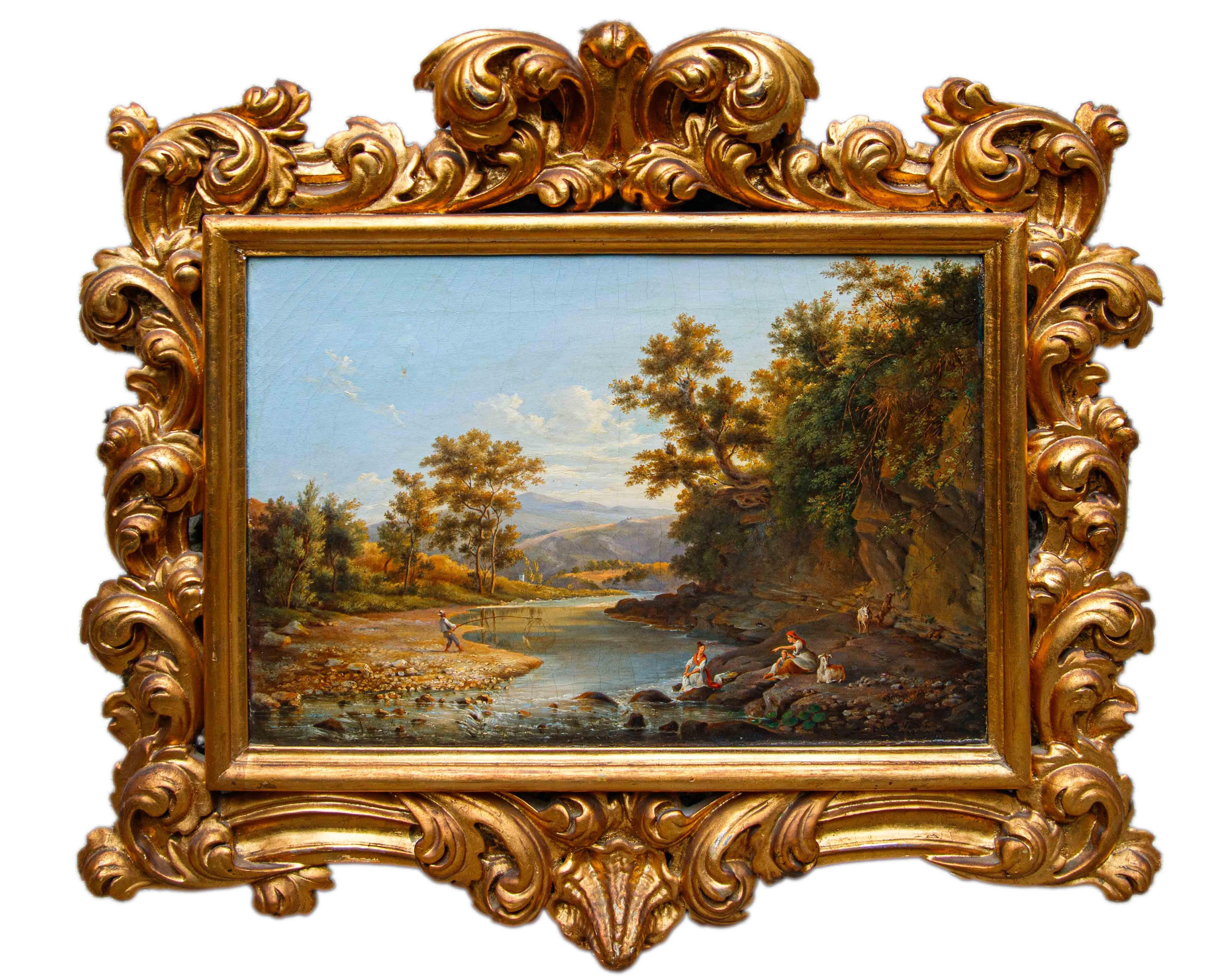 pietro della valle Landscape Painting – Di Pietro della Valle, Landschaft mit Fischern