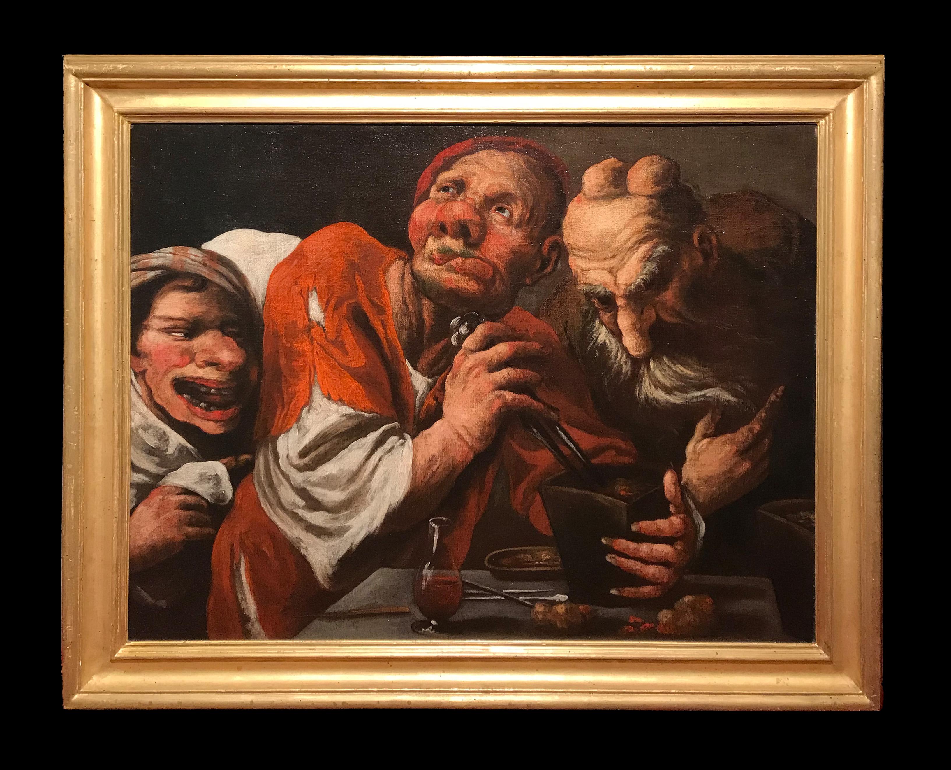 XVII secolo di Pietro della Vecchia Gli alchimisti Olio su tela - Painting di Pietro Della Vecchia 