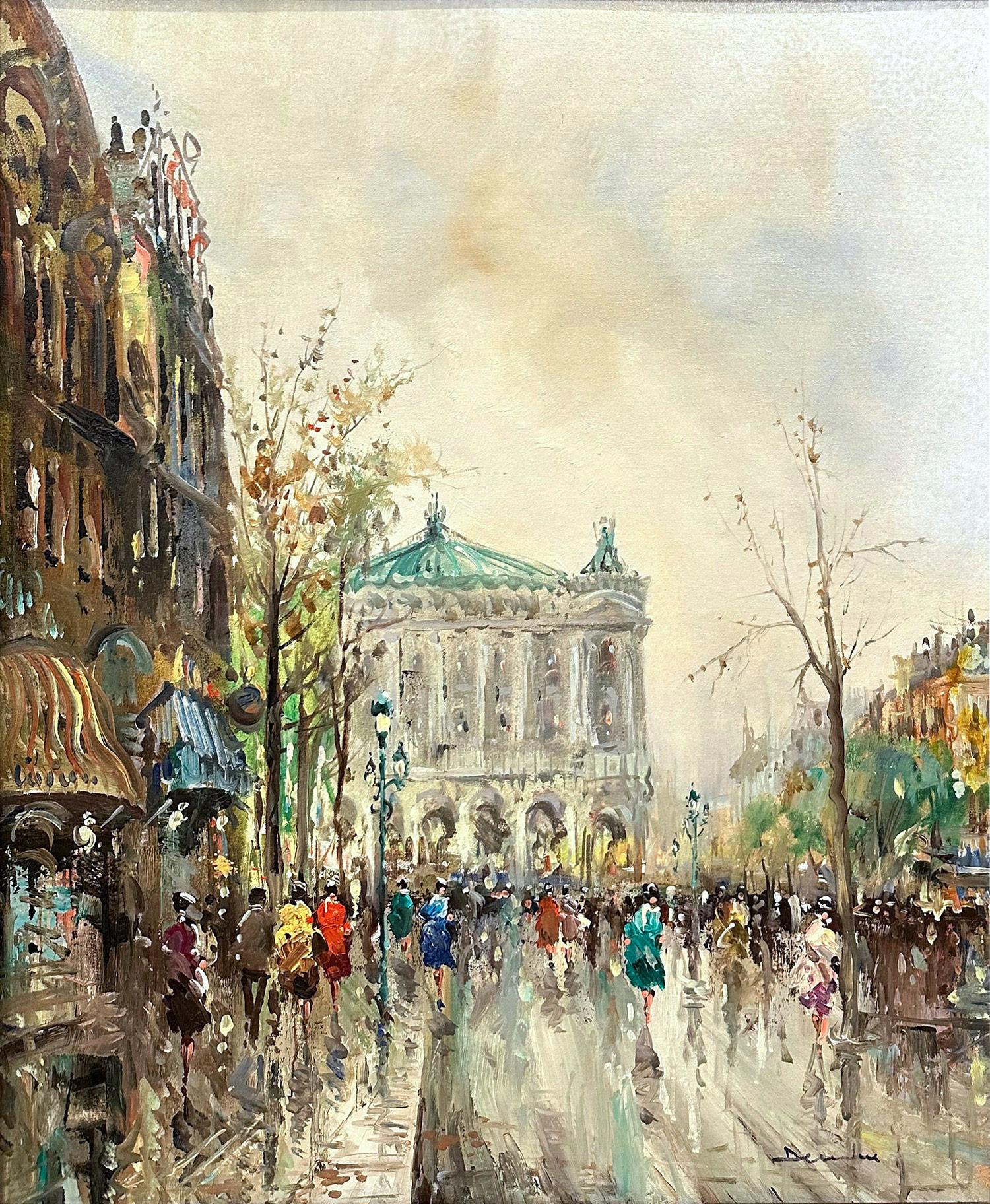 A beautiful oil on canvas painting by the French artist, Pietro Demone. Deomne was a Parisian painter known for his colorful cityscapes depicting the times of his generation. This painting is a wonderful example of his work from the prime of his