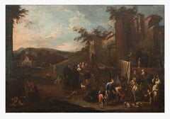 Market Scene - Oil Paint On Canvas by Pietro Domenico Olivero - 18th Century