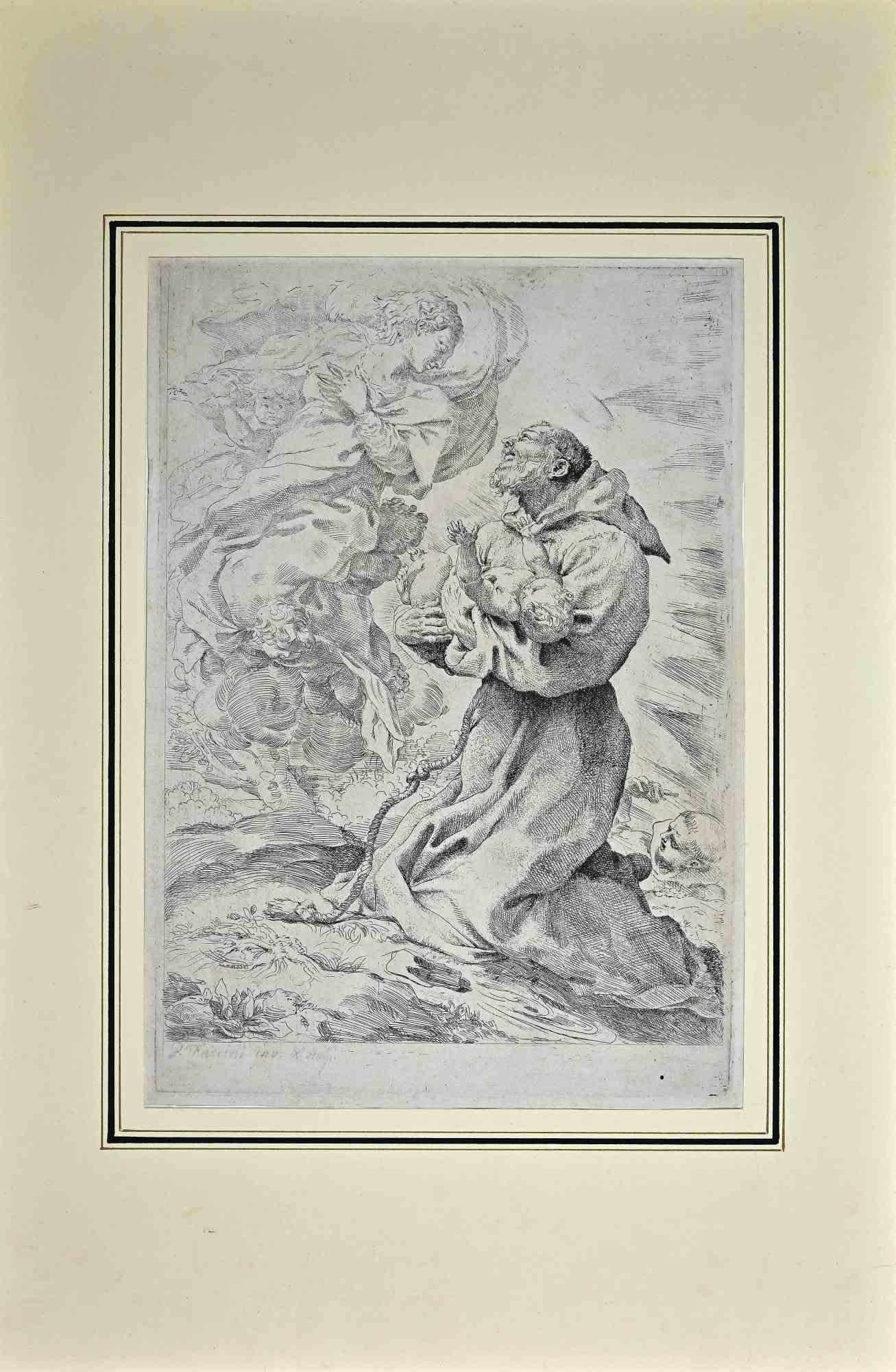 Saint François avec l'enfant du Christ - gravure de Pietro Faccini - 17ème siècle en vente 1