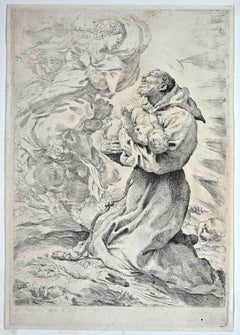 Saint Francis with the Christ Child - Etching by Pietro Faccini - 17th Century