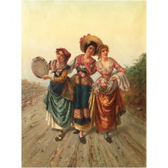 A Very Fine and Large Oil on Canvas "Three Singing Italian Beauties on The Road"