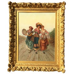 A Very Fine and Large Oil on Canvas "Three Singing Italian Beauties on The Road"