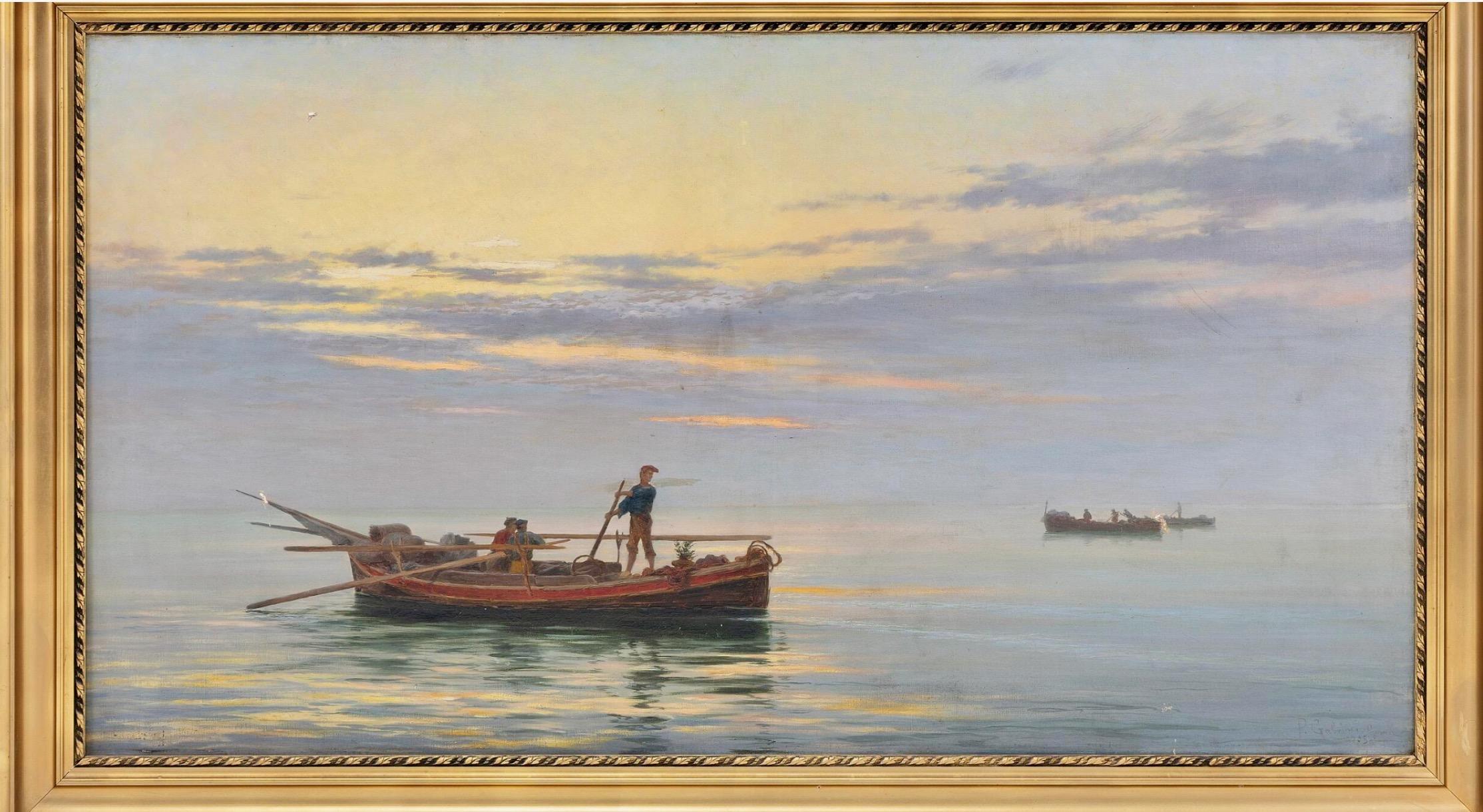 Pescadores italianos en sus barcas al atardecer y un mar tranquilo - Painting de Pietro Gabrini