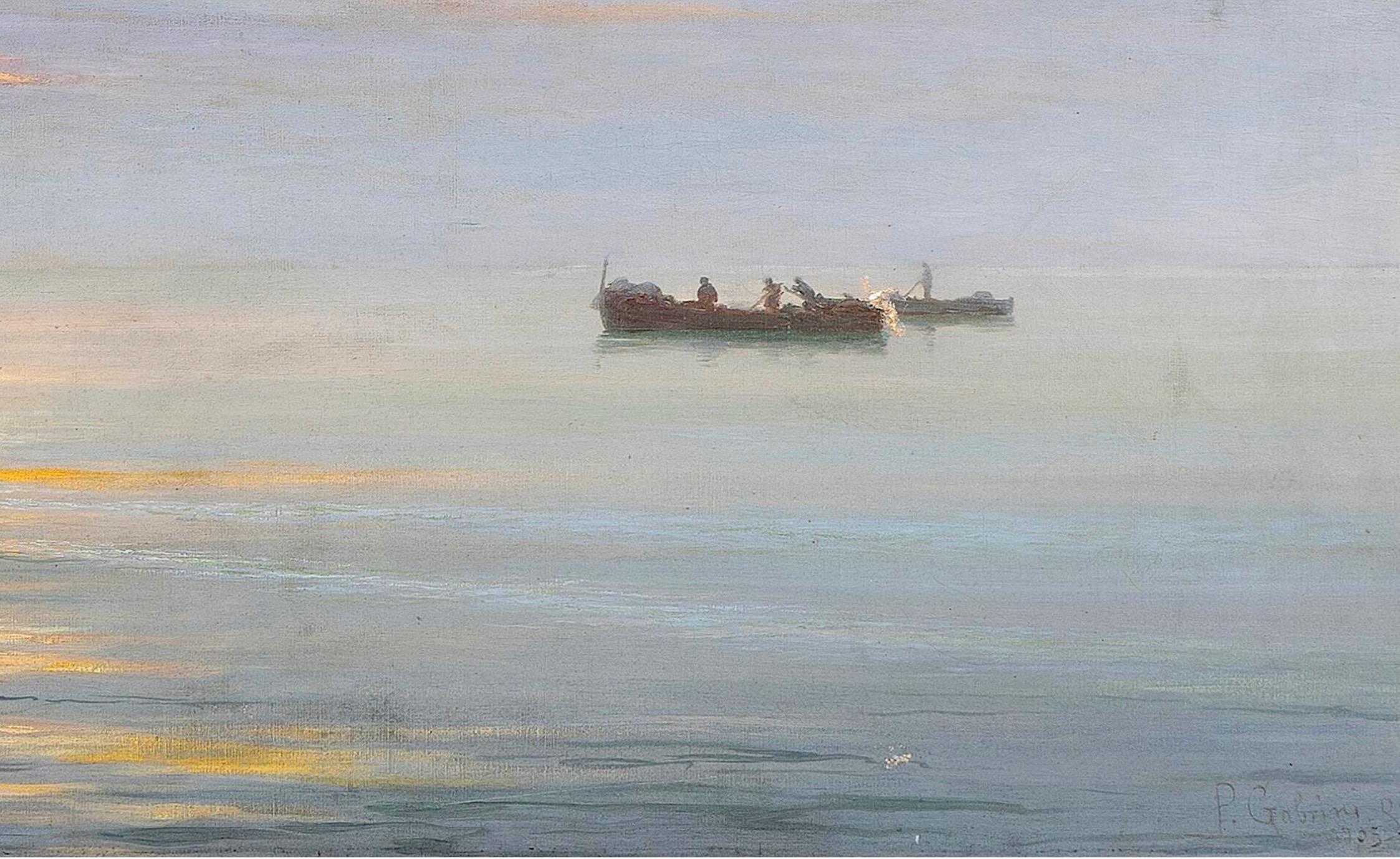 Pescadores italianos en sus barcas al atardecer y un mar tranquilo - Painting Escuela italiana de Pietro Gabrini