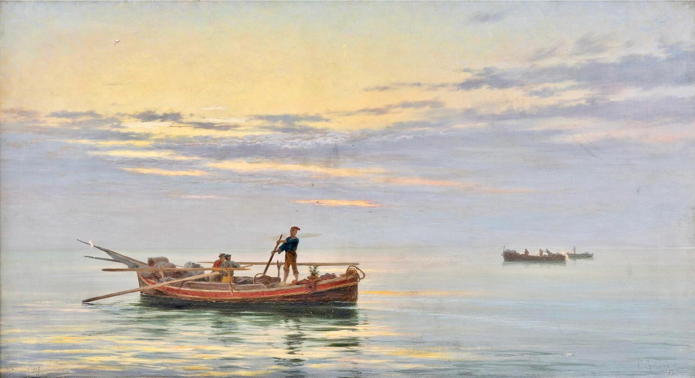 Pescadores italianos en sus barcas al atardecer y un mar tranquilo - Landscape Painting Gris de Pietro Gabrini