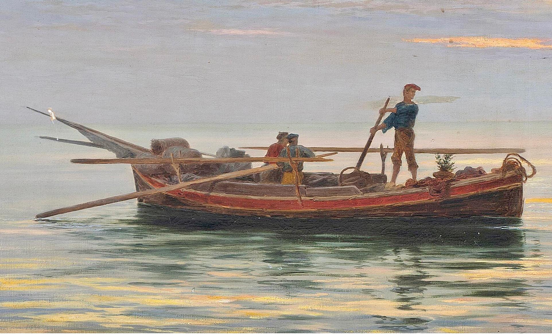 Pescadores italianos en sus barcas al atardecer y un mar tranquilo. 
Óleo sobre lienzo, Montado en bastidor de madera dorada. 74 × 131 cm
Firmado y fechado P. Gabrini Roma 1905

Este evocador cuadro de Pietro Gabrini (1856-1926) capta un momento