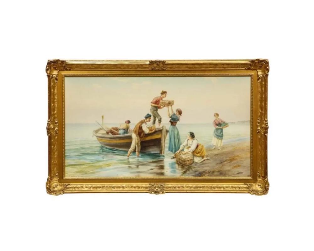 Pietro Gabrini (Italian 1856-1926) An Extremely Fine Hand-Painted Watercolor “Fishermans Arrival at Bay”

Very life-like and realistic depicting fisherman returning home after their journey and their wives helping them unload the fish! Such a