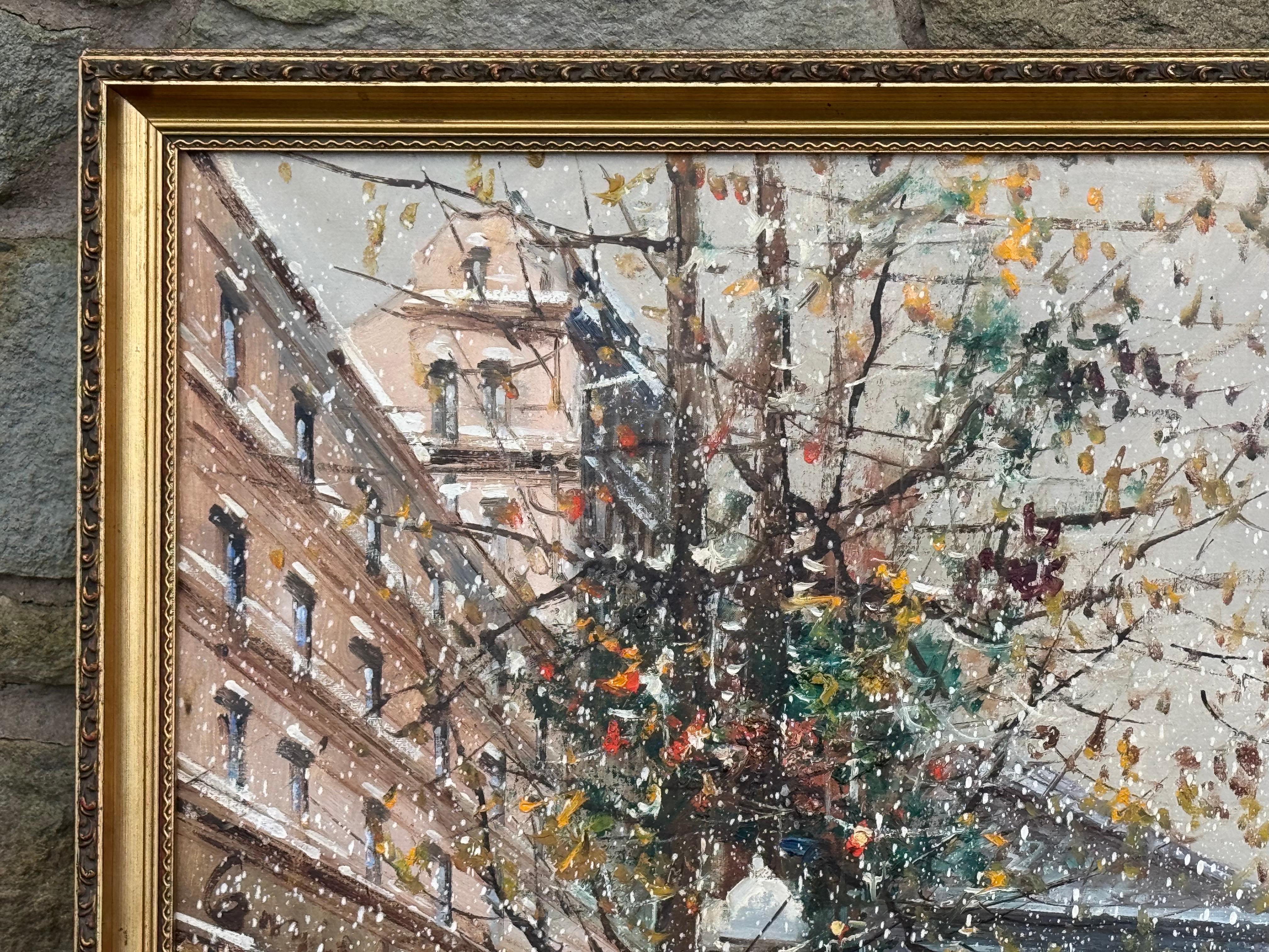 Pariser Straße im Schnee mit Figuren - Vintage Ölgemälde von italienischem Künstler im Angebot 5