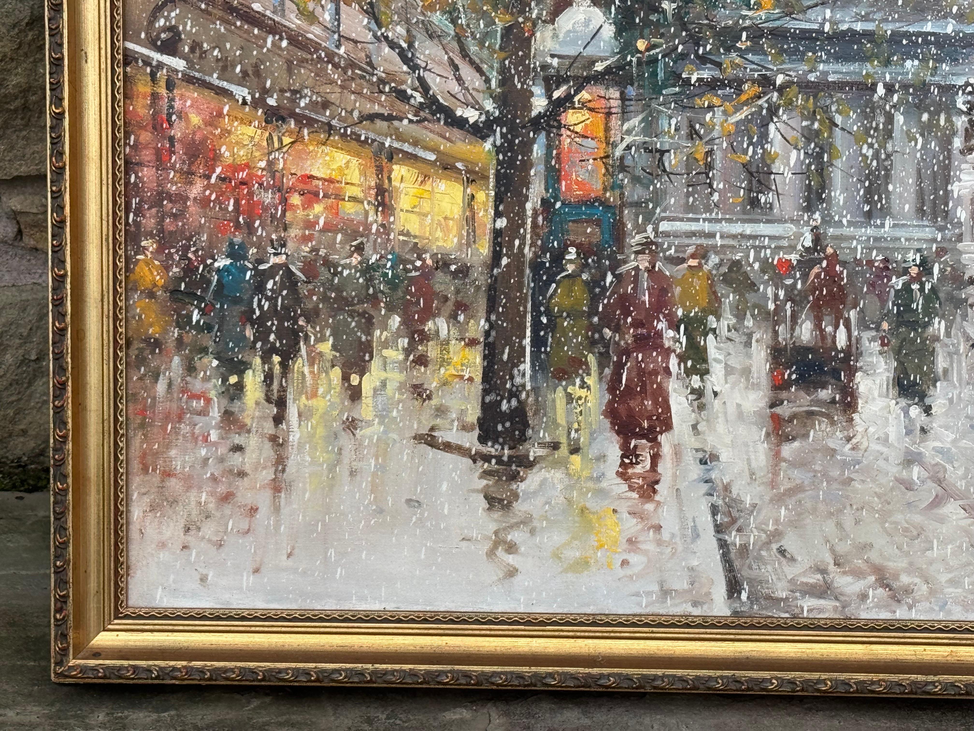 Pariser Straße im Schnee mit Figuren - Vintage Ölgemälde von italienischem Künstler im Angebot 6