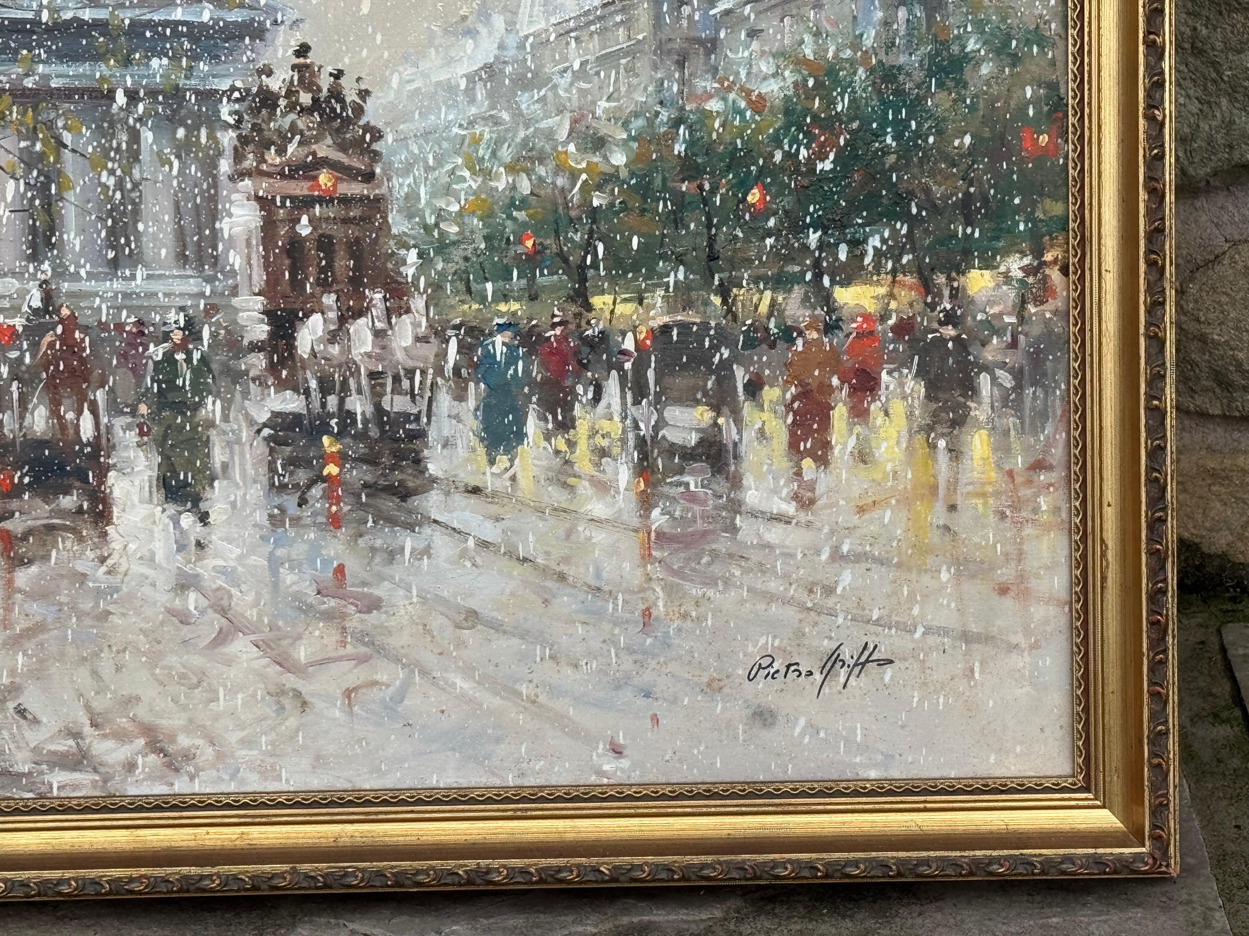 Pariser Straße im Schnee mit Figuren - Vintage Ölgemälde von italienischem Künstler im Angebot 7