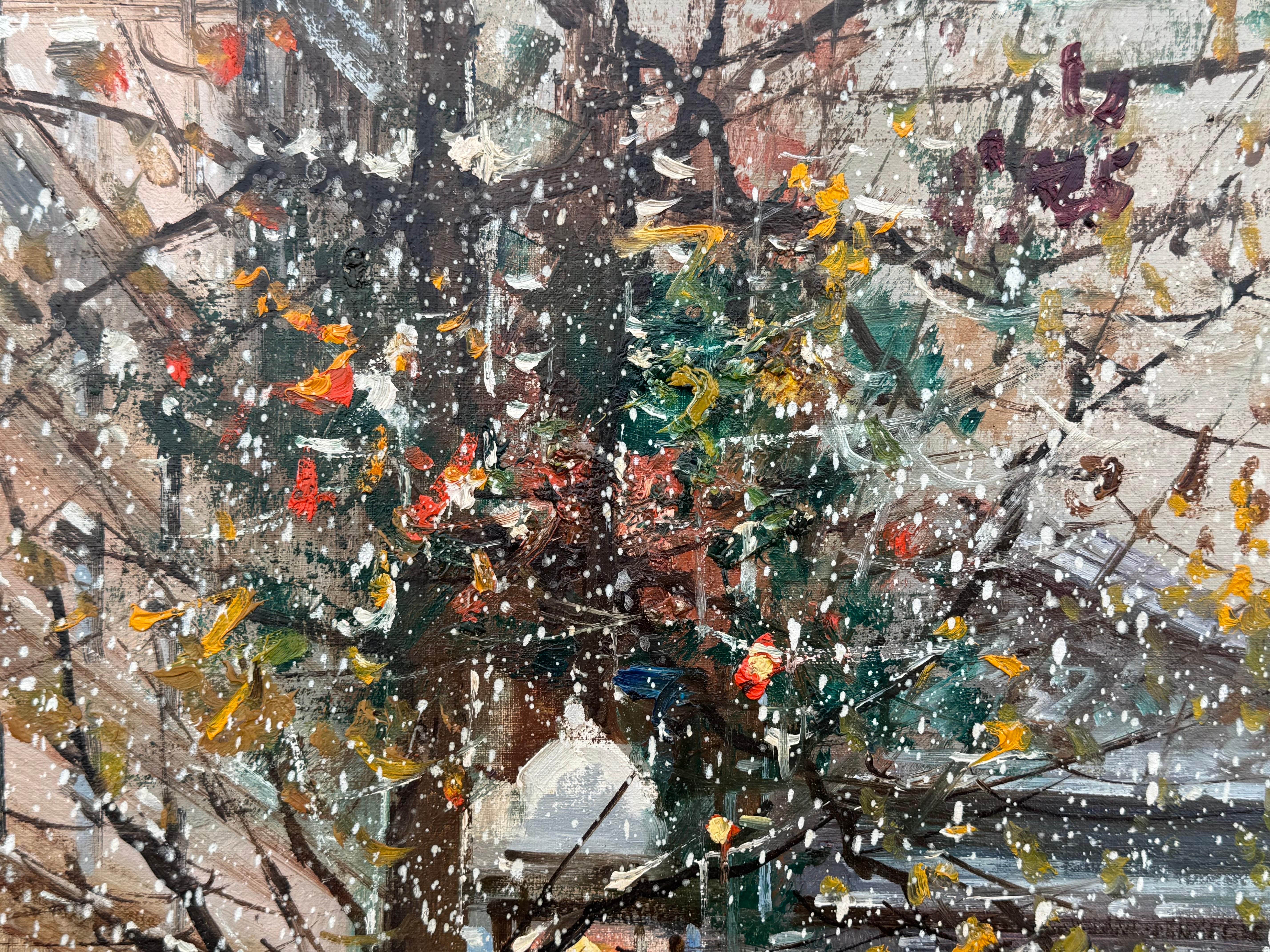 Pariser Straße im Schnee mit Figuren - Vintage Ölgemälde von italienischem Künstler im Angebot 8