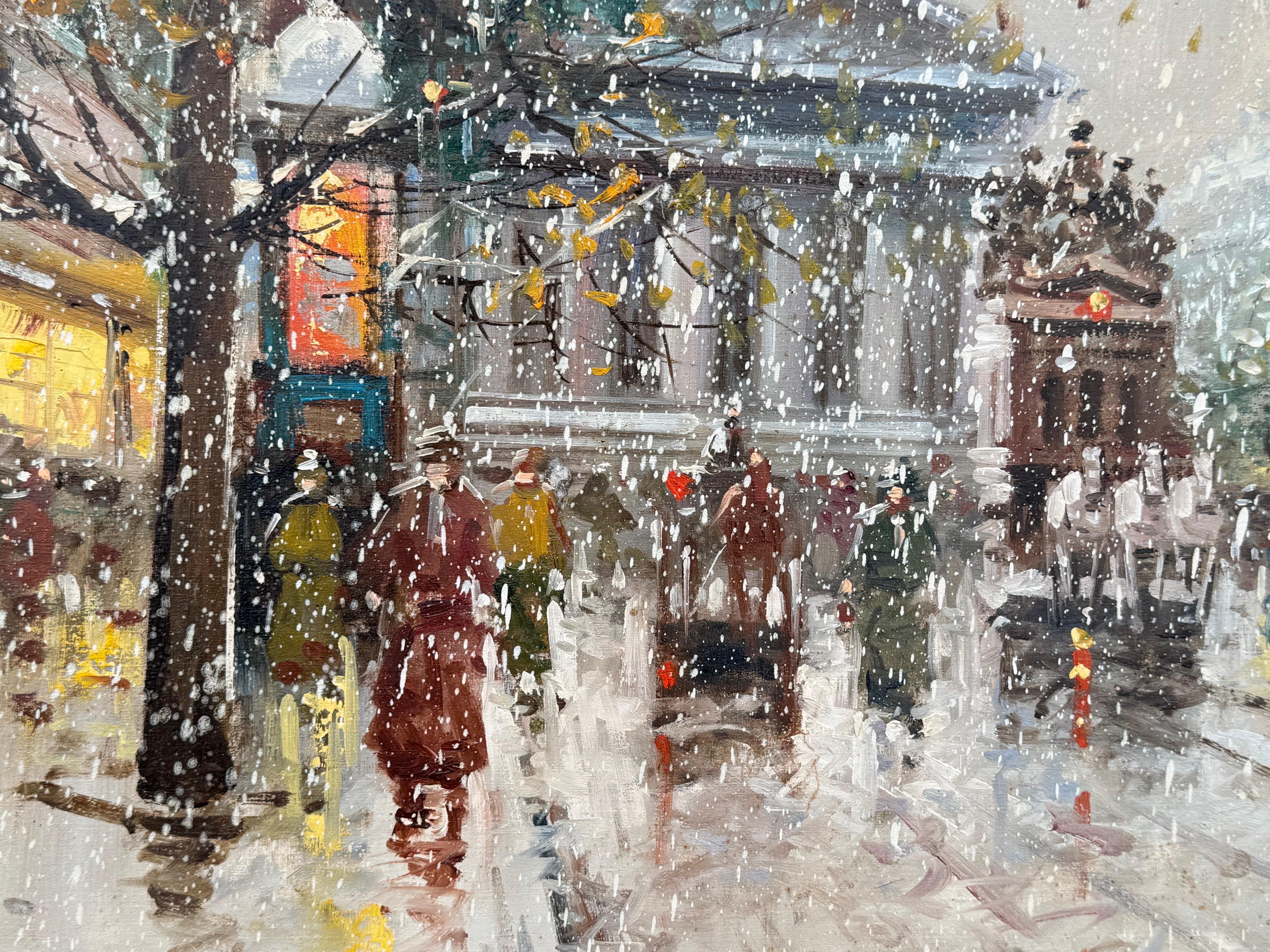 Pariser Straße im Schnee mit Figuren - Vintage Ölgemälde von italienischem Künstler im Angebot 9