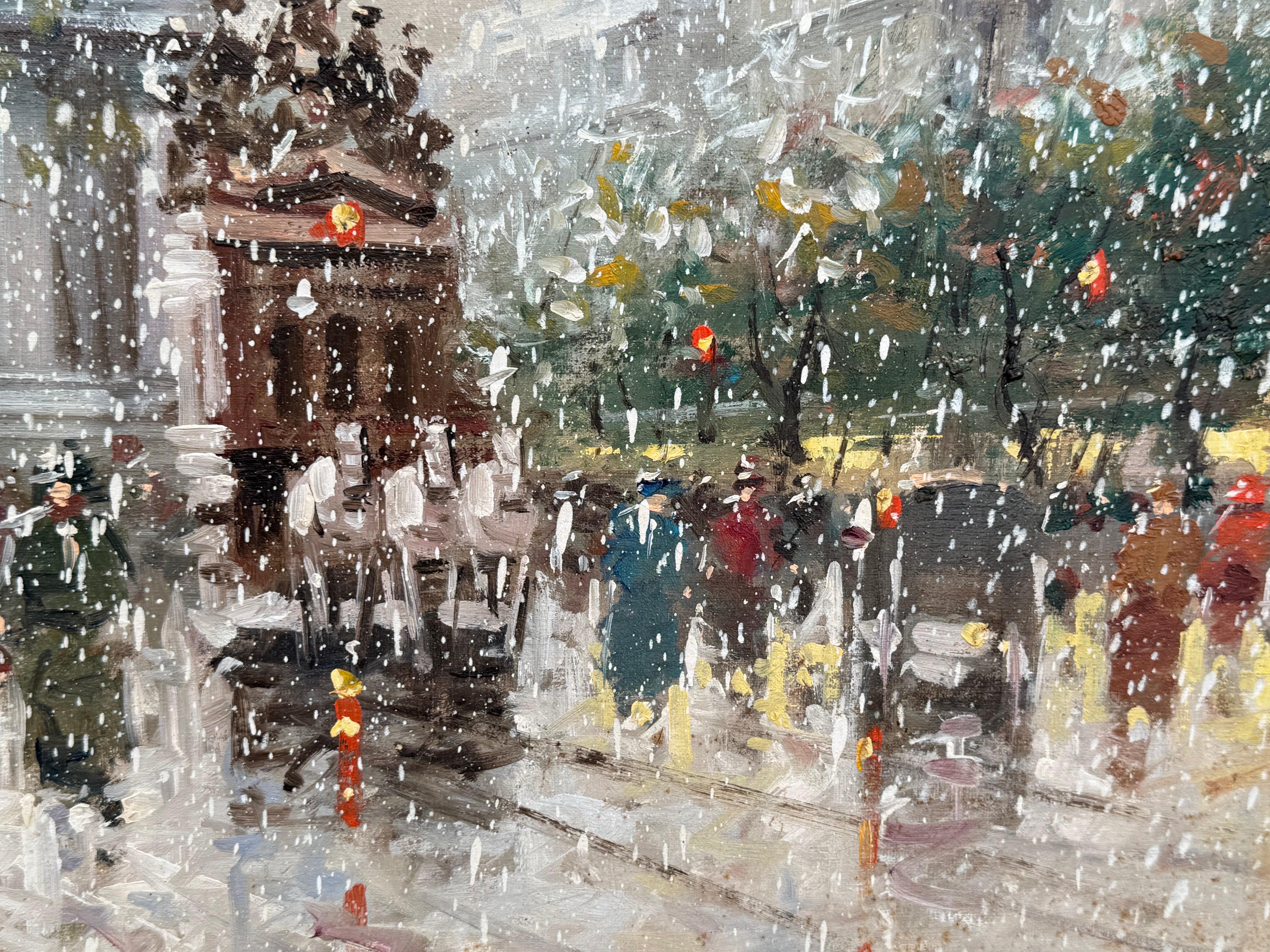 Pariser Straße im Schnee mit Figuren - Vintage Ölgemälde von italienischem Künstler im Angebot 10