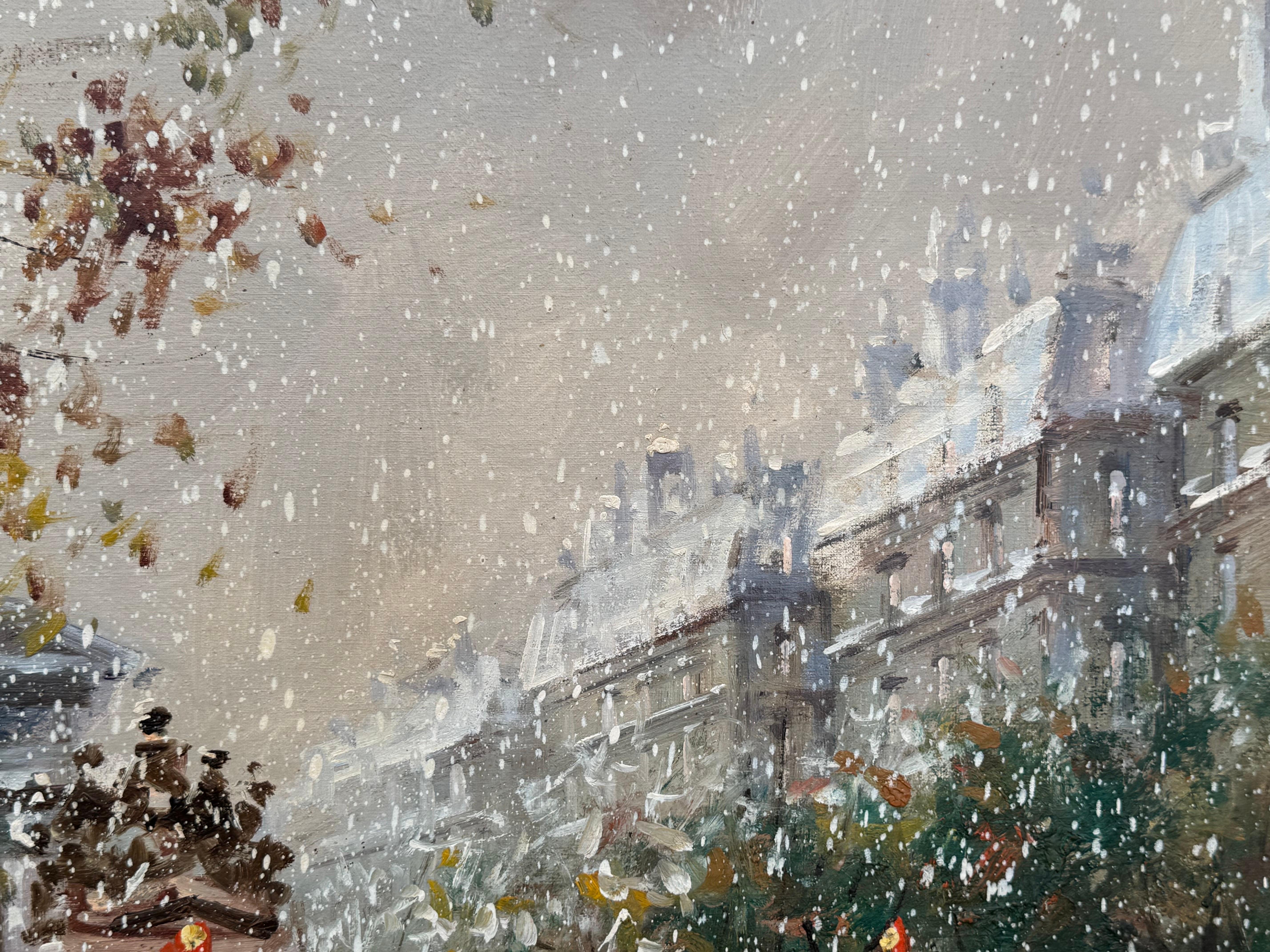 Pariser Straße im Schnee mit Figuren - Vintage Ölgemälde von italienischem Künstler im Angebot 11