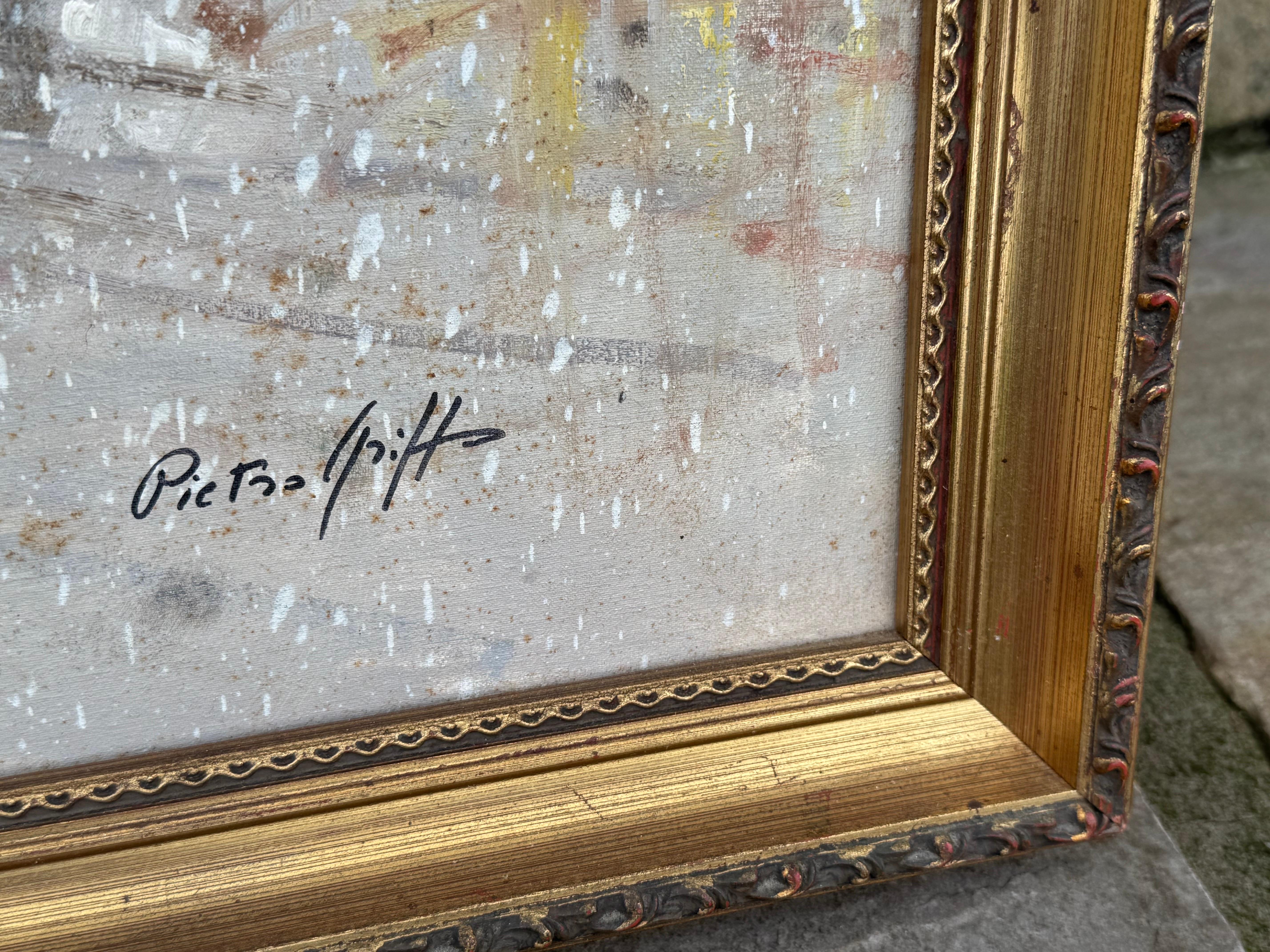 Pariser Straße im Schnee mit Figuren - Vintage Ölgemälde von italienischem Künstler im Angebot 12