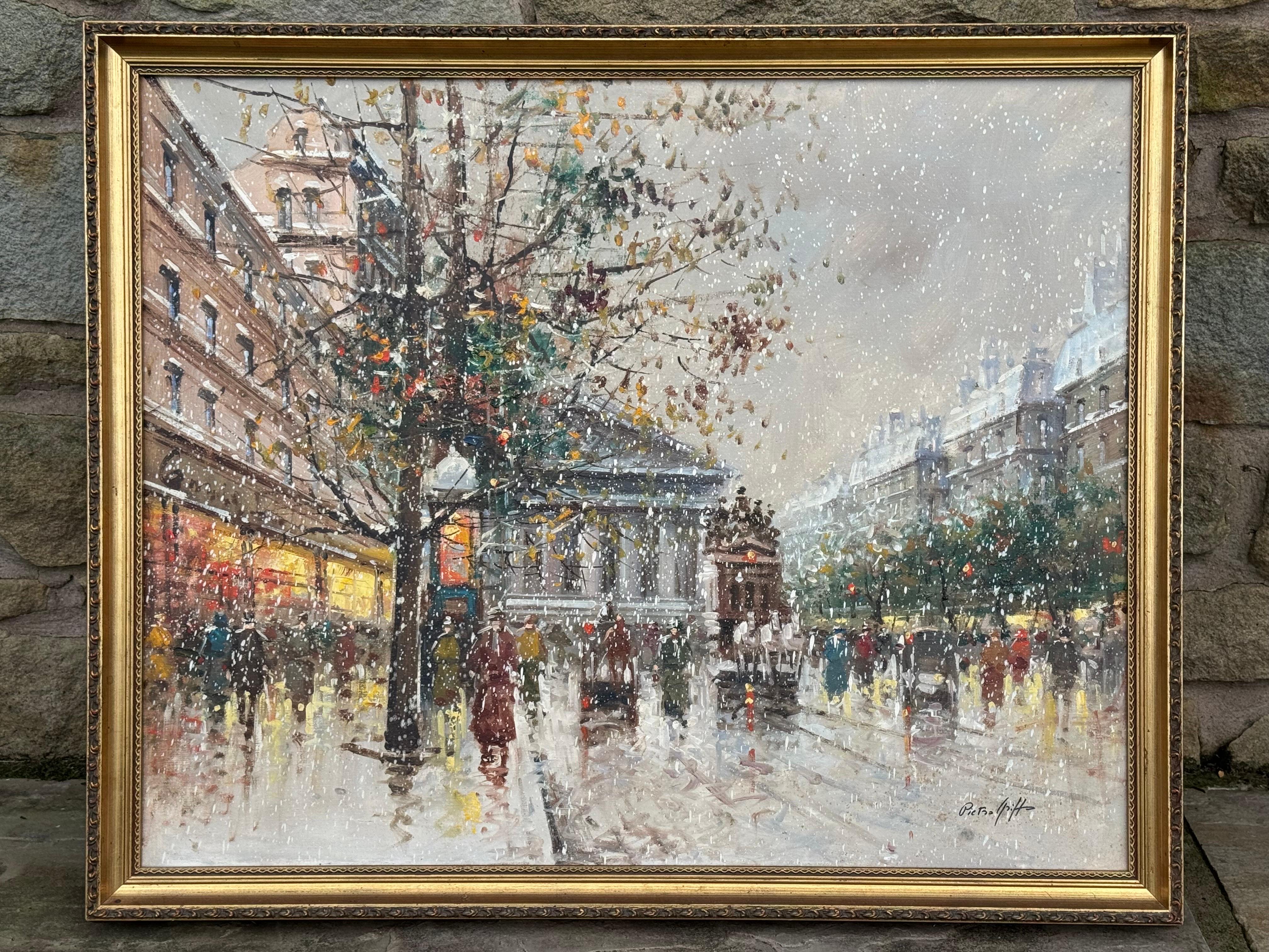 Pariser Straße im Schnee mit Figuren - Vintage Ölgemälde von italienischem Künstler – Painting von Pietro Griffo