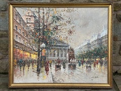 Paris Street in the Snow with Figures - Vintage Oil Painting by Italian Artist