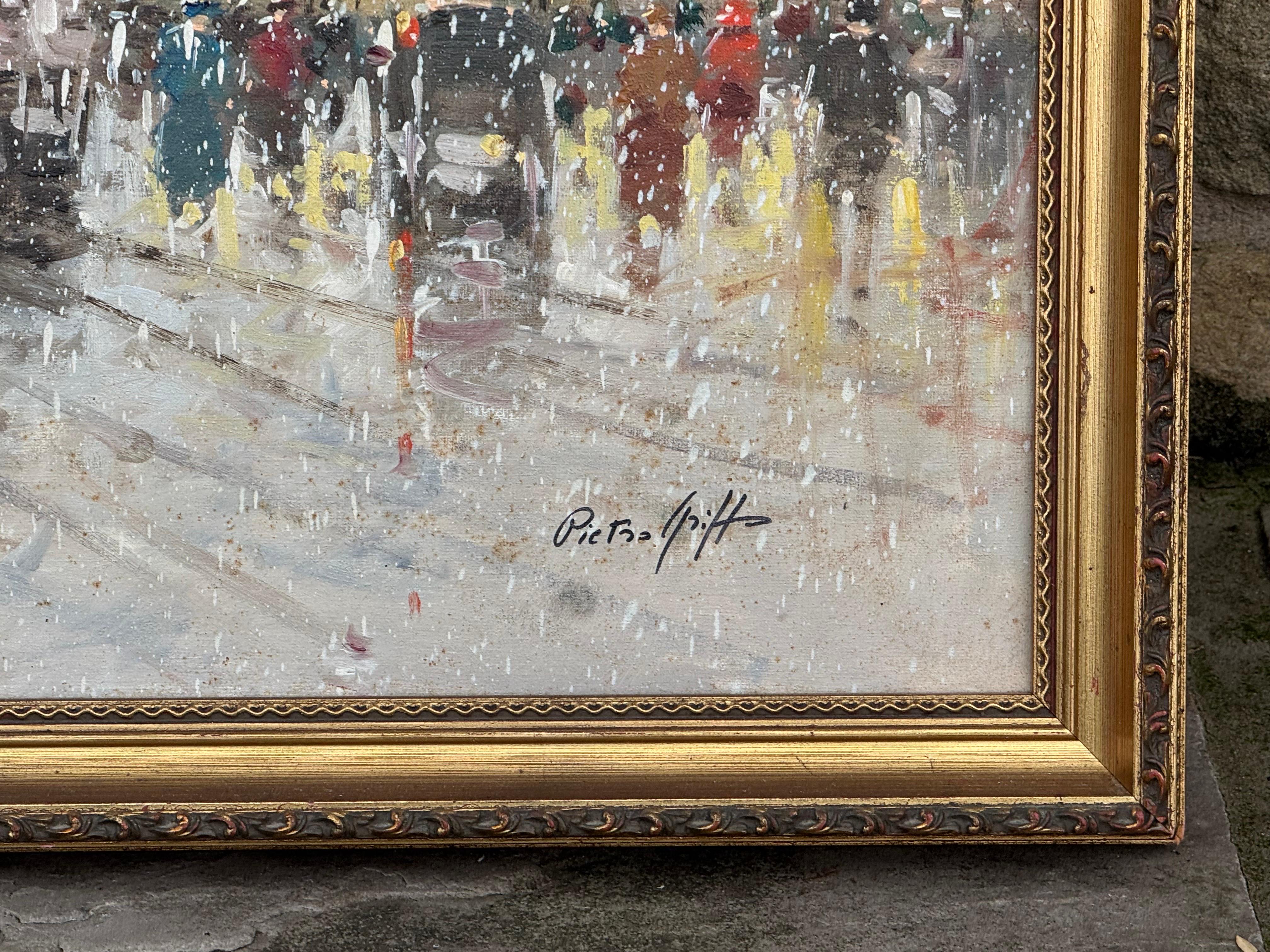 Pariser Straße im Schnee mit Figuren - Vintage Ölgemälde von italienischem Künstler (Post-Impressionismus), Painting, von Pietro Griffo