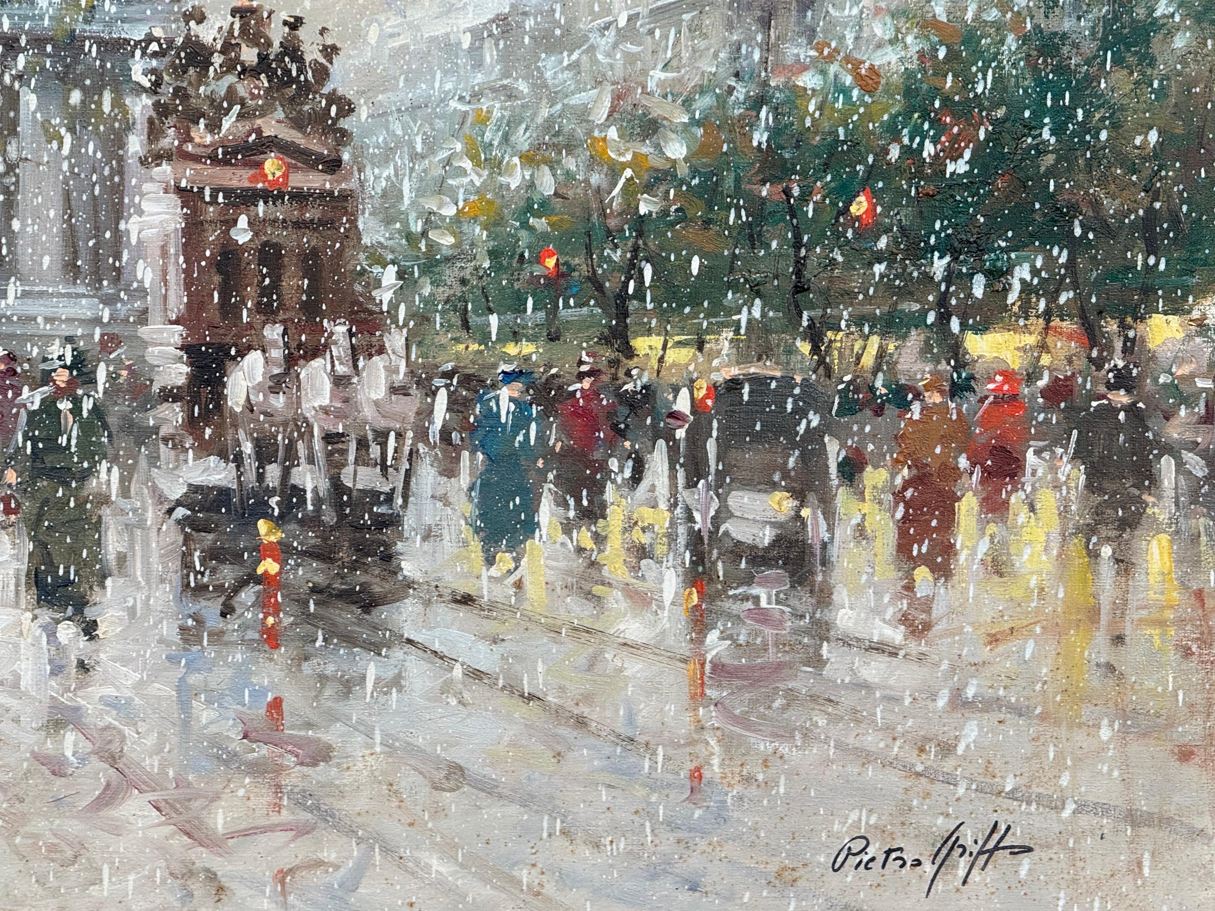 Pariser Straße im Schnee mit Figuren - Vintage Ölgemälde von italienischem Künstler (Grau), Figurative Painting, von Pietro Griffo