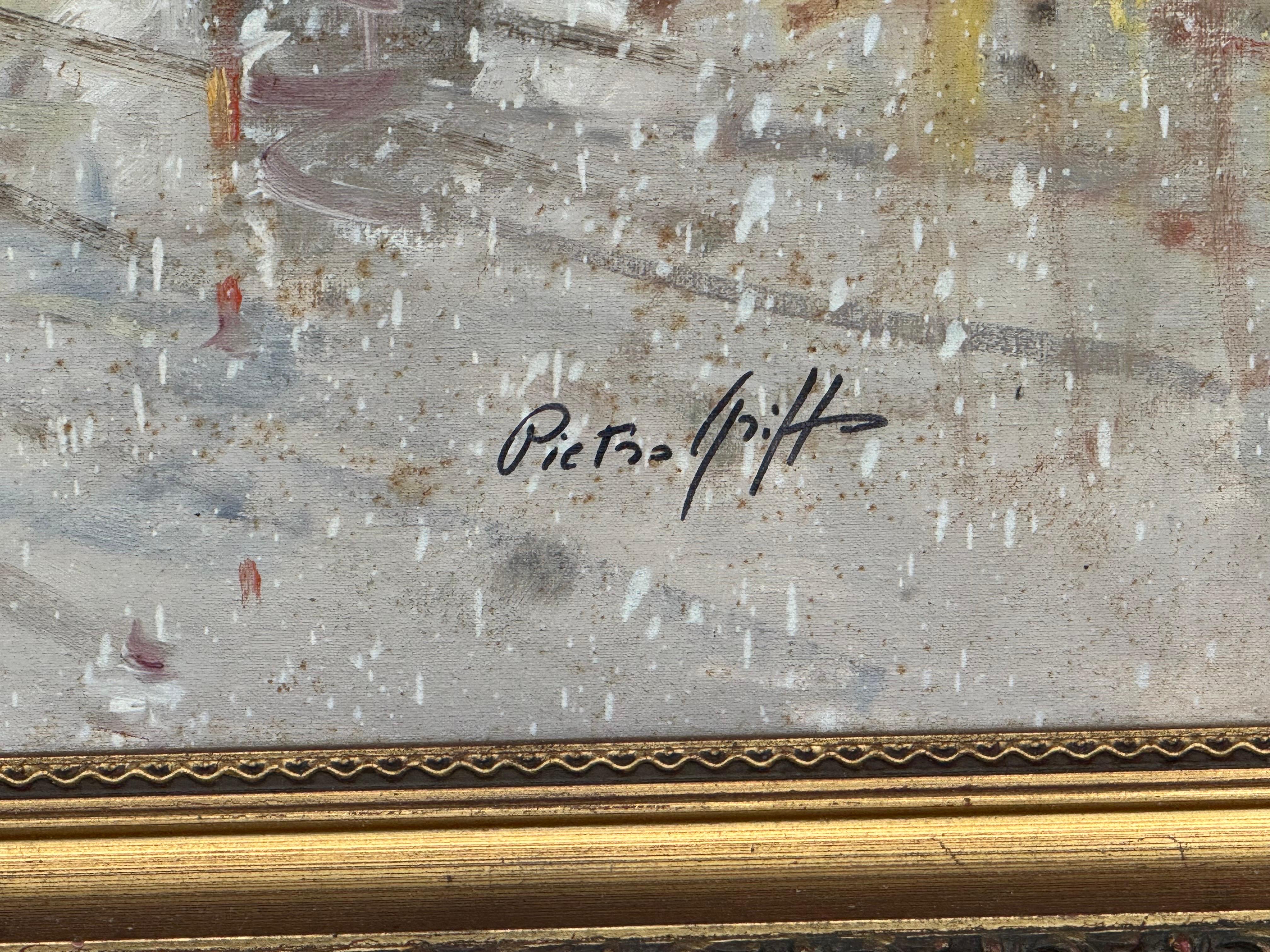 Pariser Straße im Schnee mit Figuren - Vintage Ölgemälde von italienischem Künstler im Angebot 1