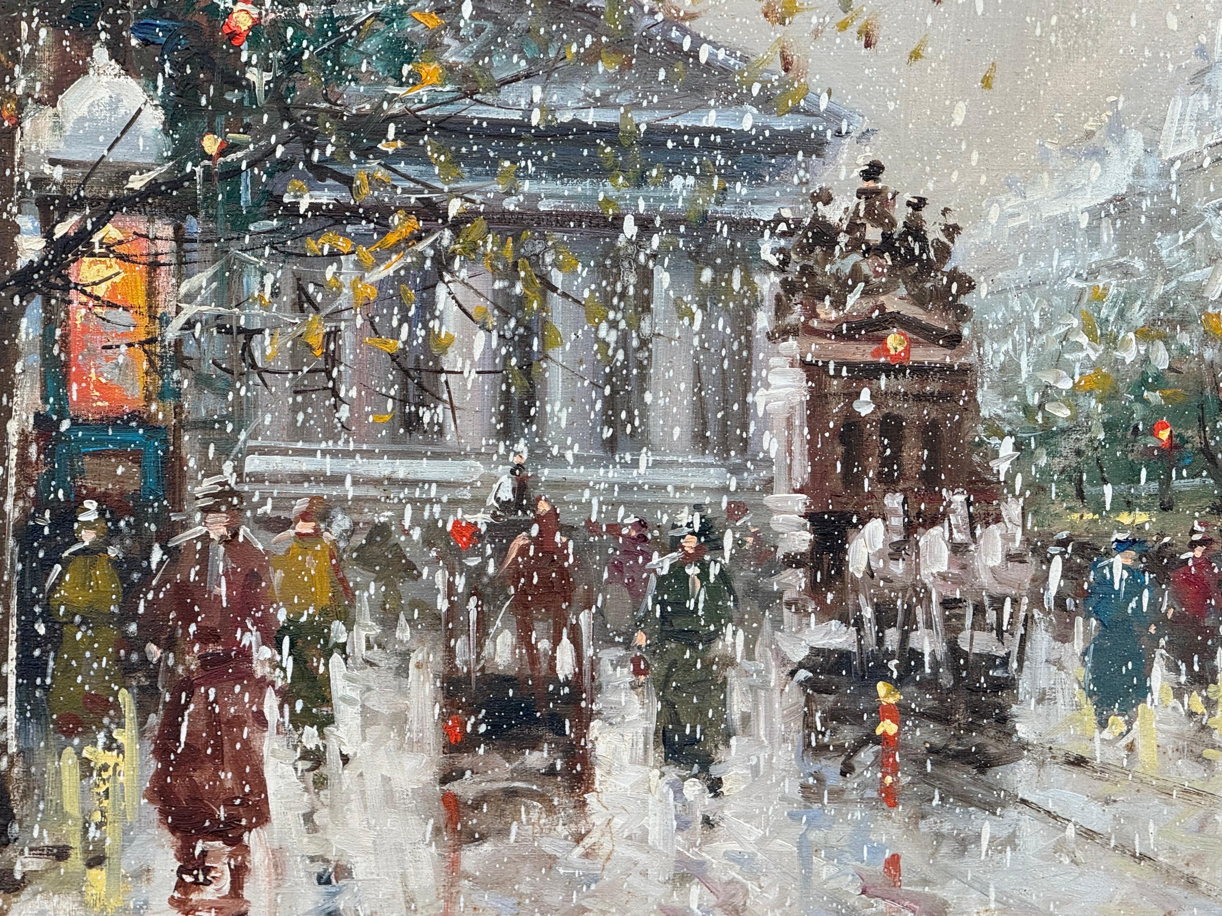 Pariser Straße im Schnee mit Figuren - Vintage Ölgemälde von italienischem Künstler im Angebot 2