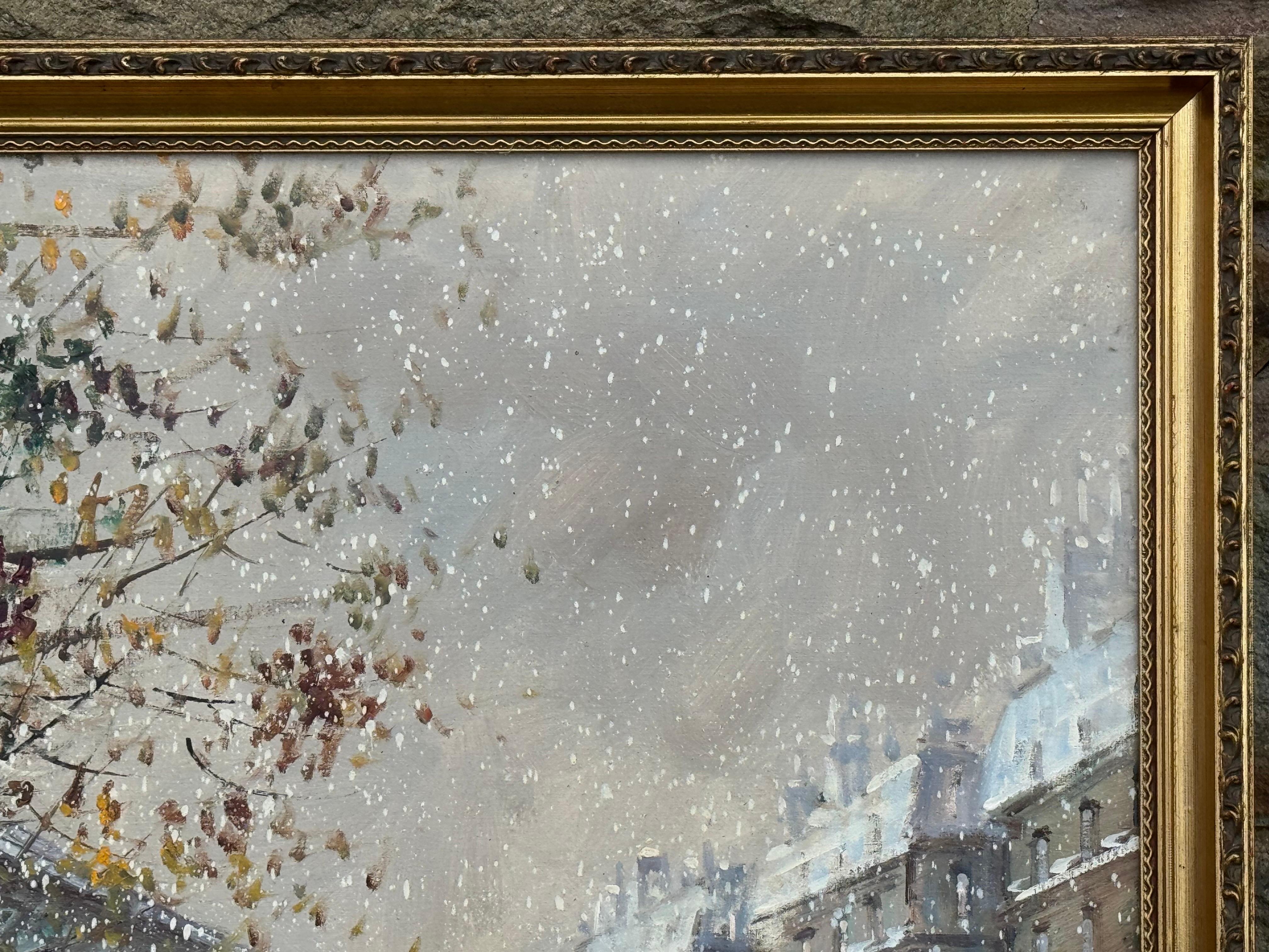 Pariser Straße im Schnee mit Figuren - Vintage Ölgemälde von italienischem Künstler im Angebot 3