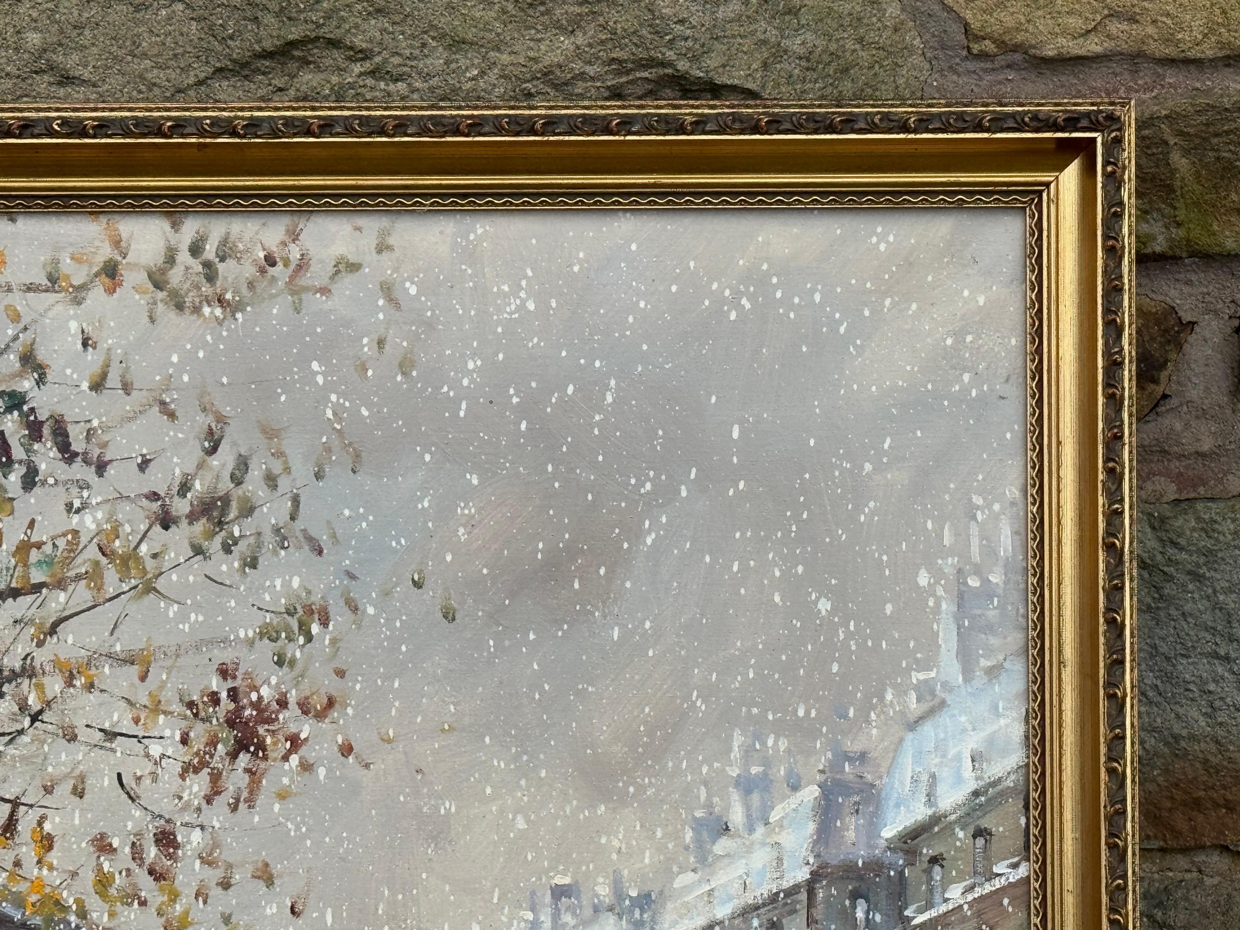 Pariser Straße im Schnee mit Figuren - Vintage Ölgemälde von italienischem Künstler im Angebot 4